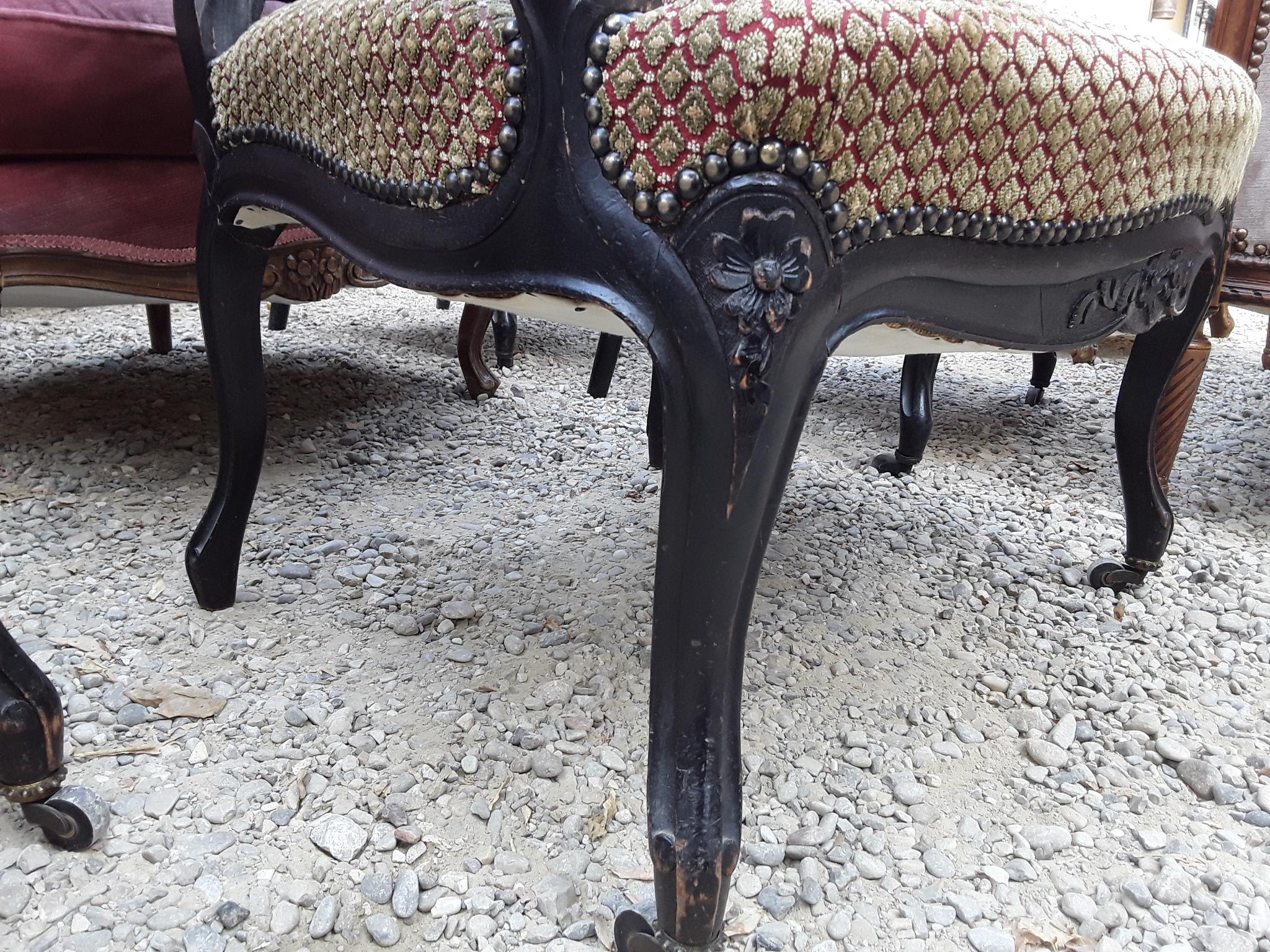 19th Century Pair of Italian Ebonized Wood Armchairs with Original Fabric, 1890s For Sale 8