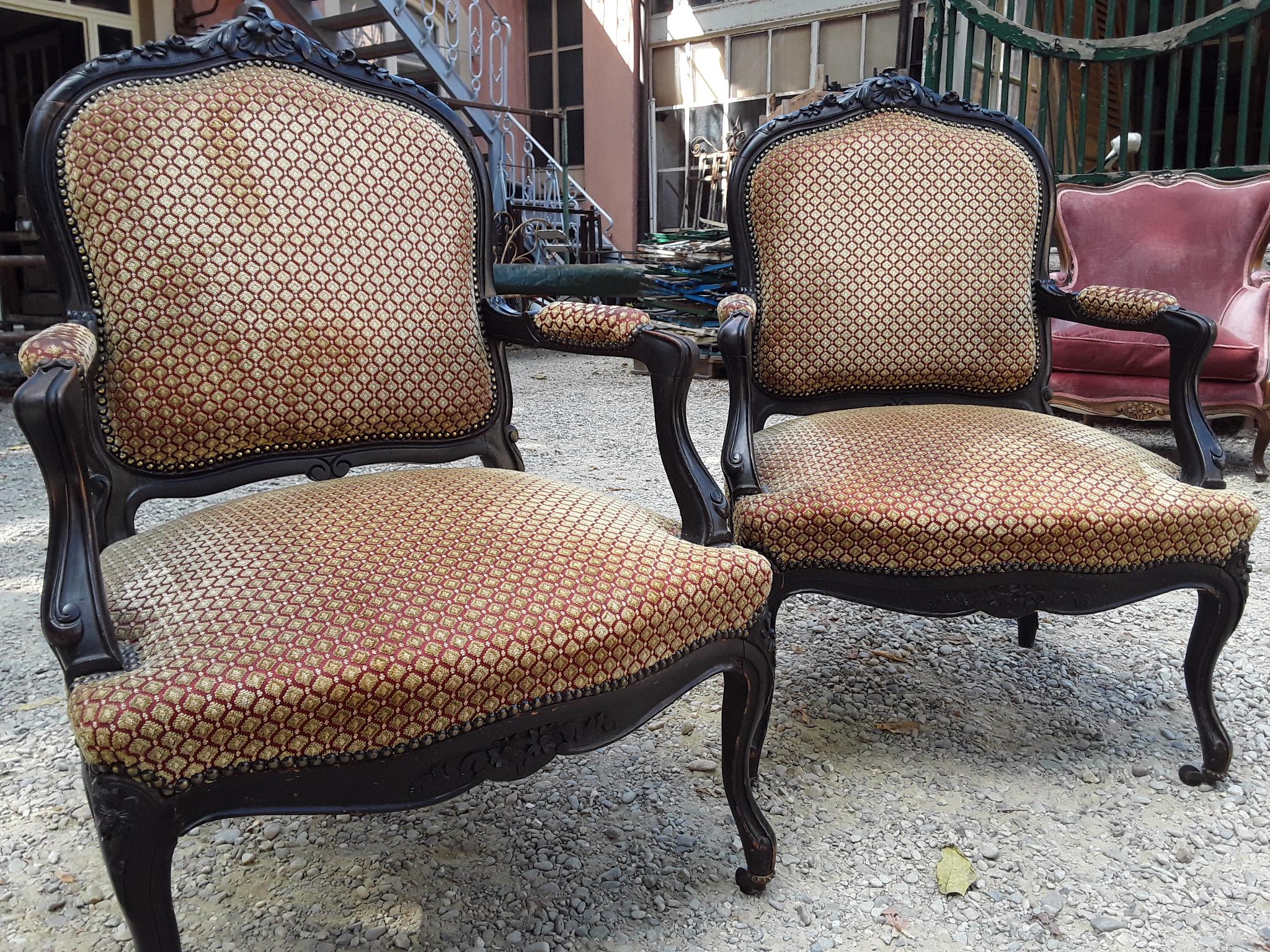 Victorian 19th Century Pair of Italian Ebonized Wood Armchairs with Original Fabric, 1890s For Sale