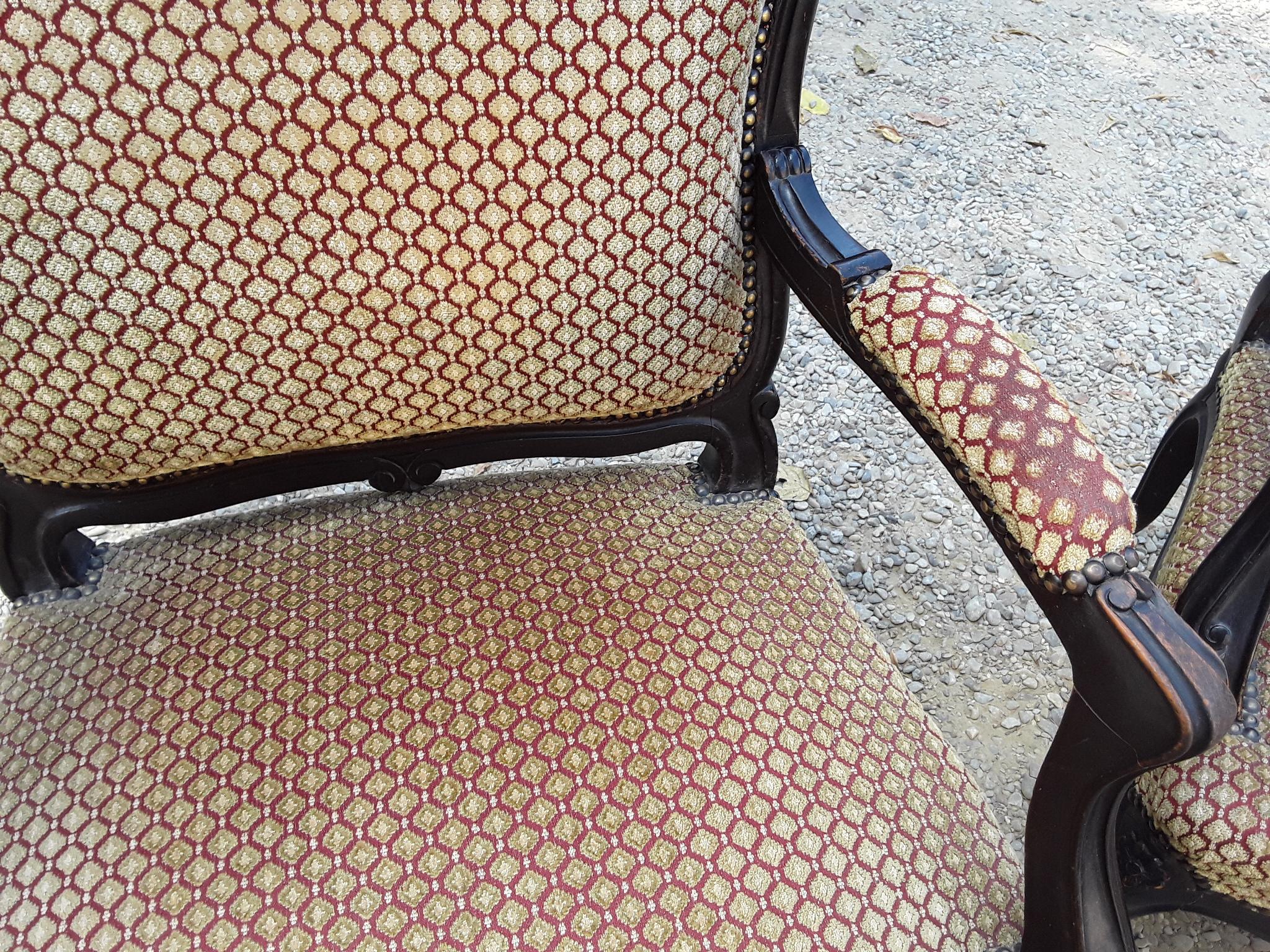 19th Century Pair of Italian Ebonized Wood Armchairs with Original Fabric, 1890s For Sale 1