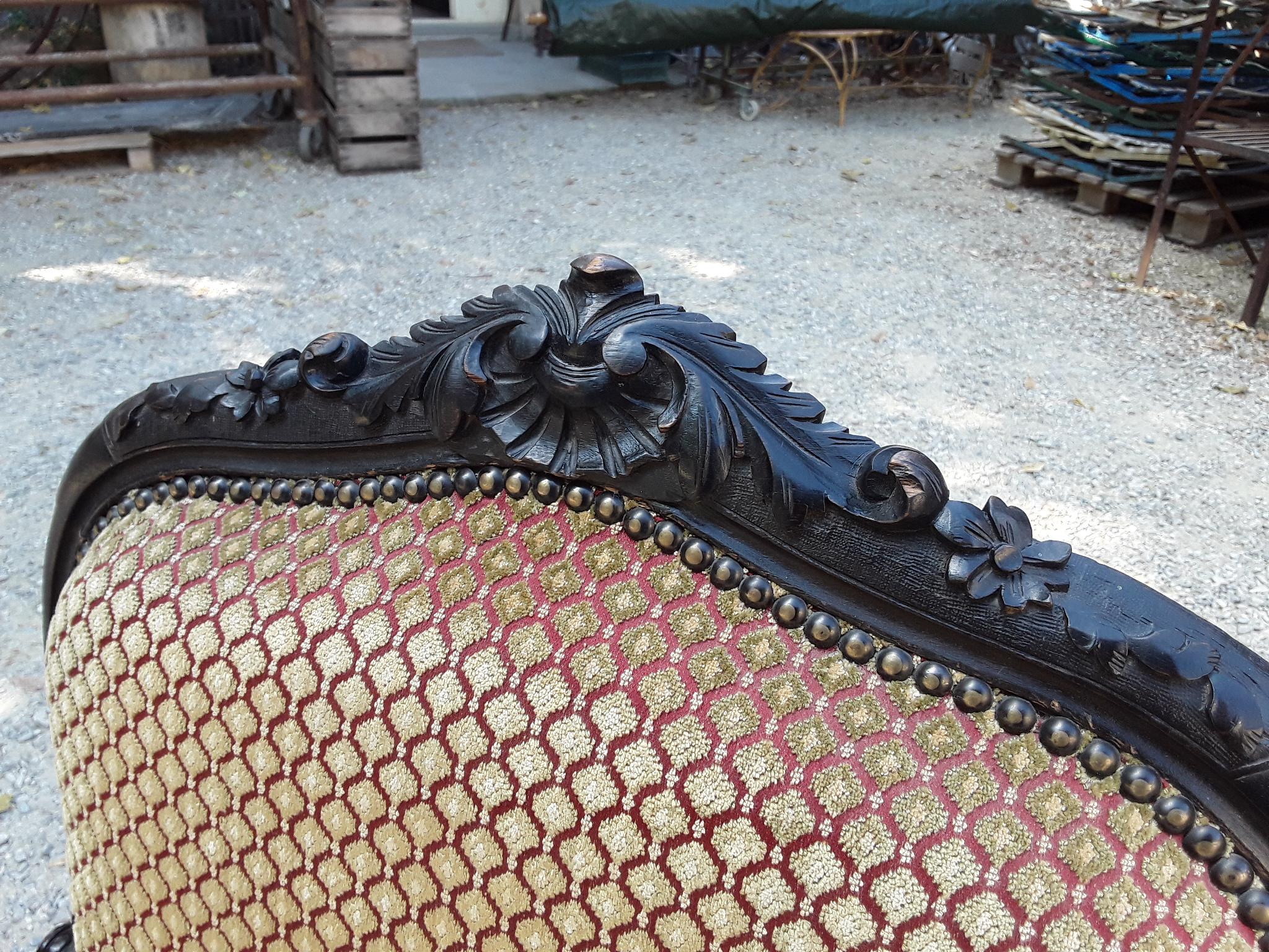 19th Century Pair of Italian Ebonized Wood Armchairs with Original Fabric, 1890s For Sale 3