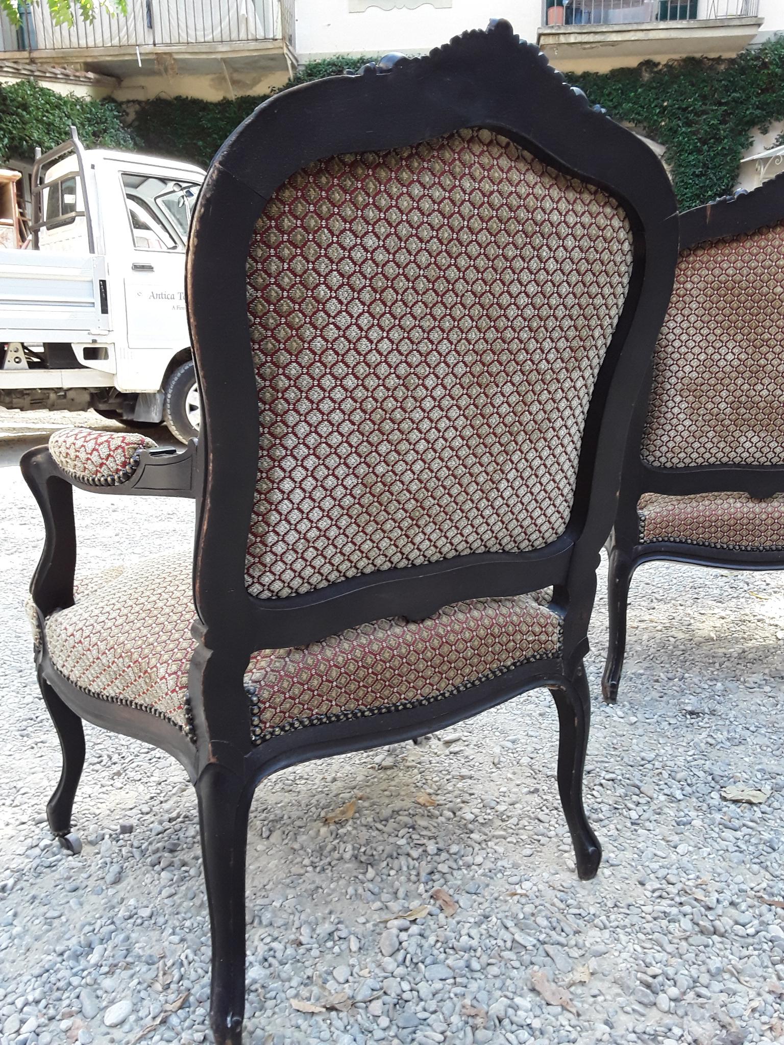 19th Century Pair of Italian Ebonized Wood Armchairs with Original Fabric, 1890s For Sale 4