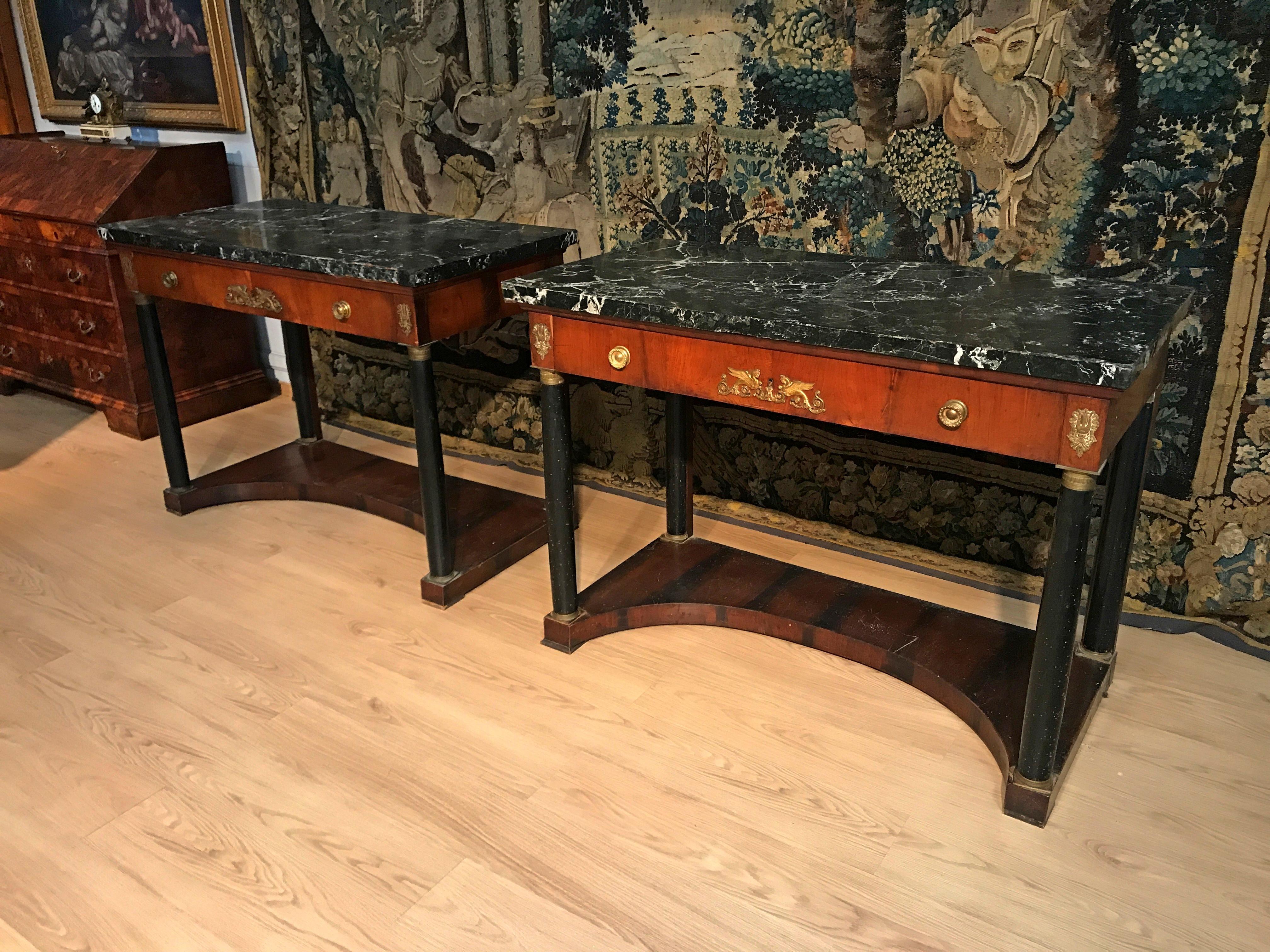 Hand-Carved 19th Century Pair of Italian Empire Console with Black Marble Tops For Sale