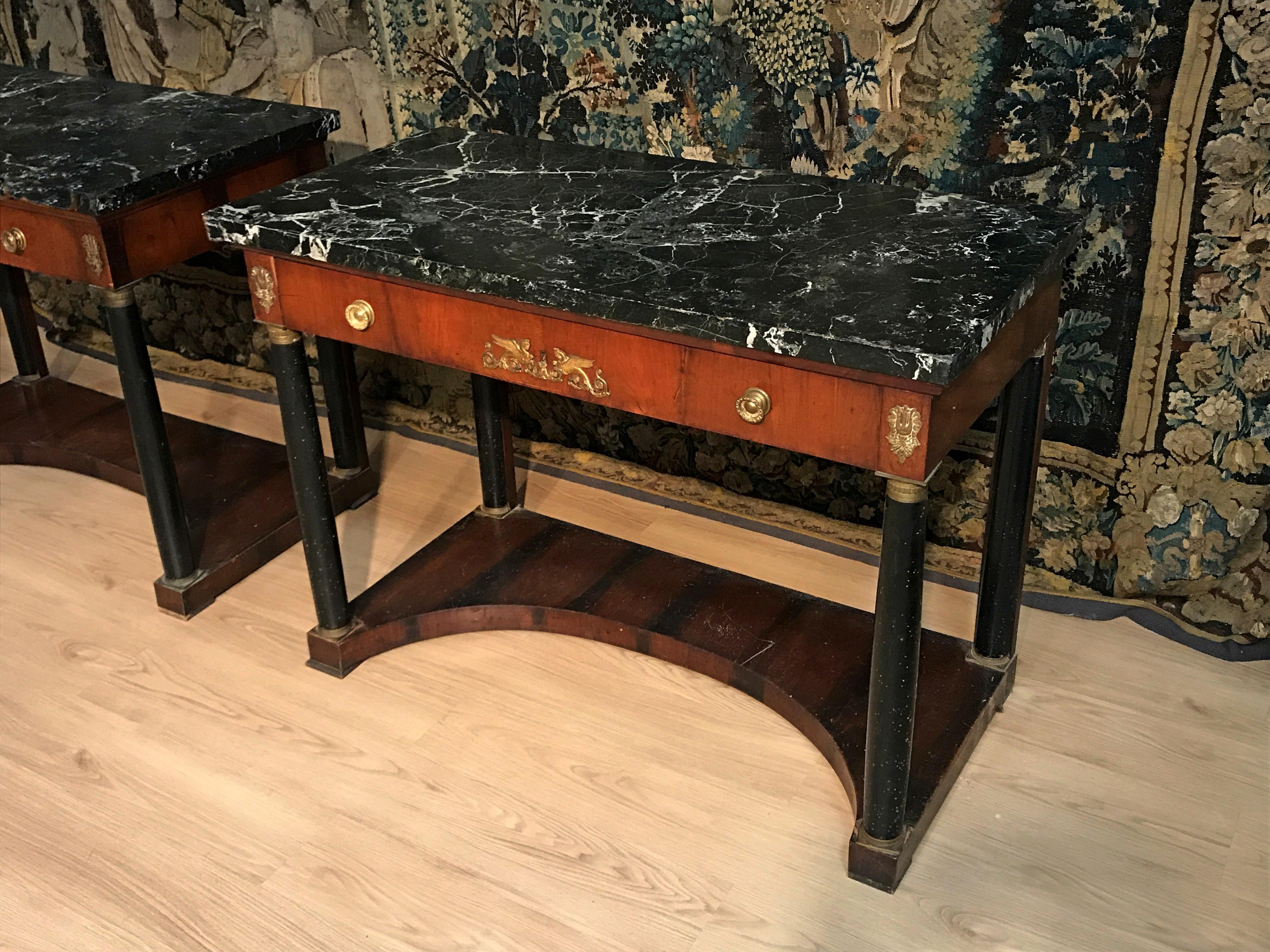 19th Century Pair of Italian Empire Console with Black Marble Tops For Sale 1