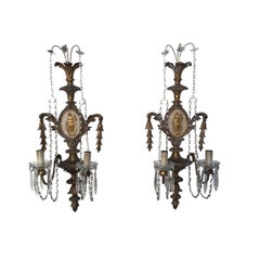 Antique 19th Century Pair of Italian Giltwood Appliques with Crystal Glass Pendants