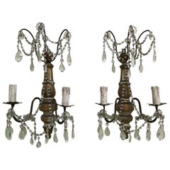 Antique 19th Century Pair of Italian Gilt Wood Appliques with Crystal Glass Pendants