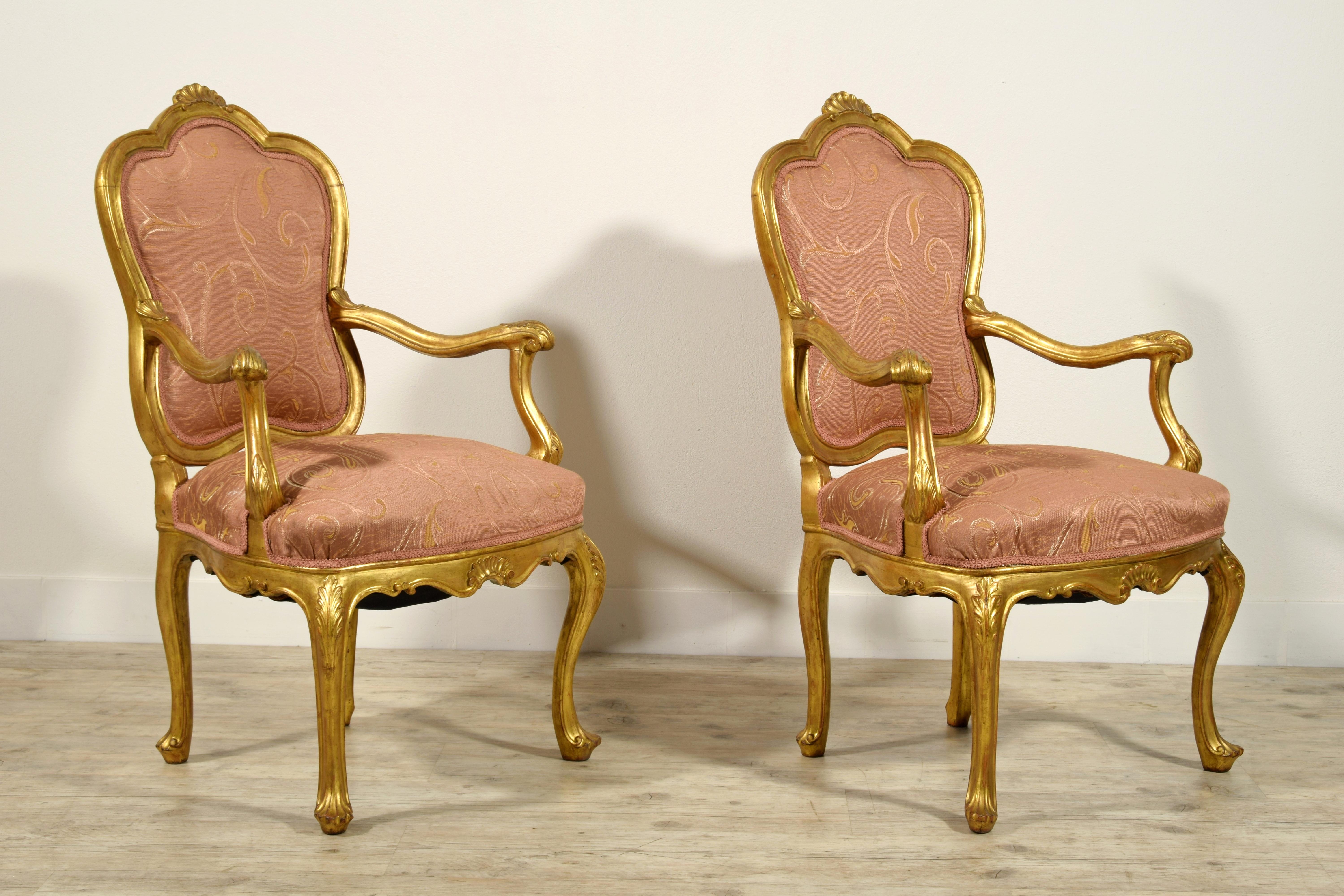 Wood 19th Century, Pair of Italian Giltwood Armchairs For Sale