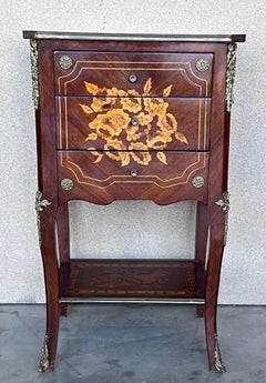 19th Century Pair of Italian Louis XV Marquetry Nightstnds with Drawers & Shelve