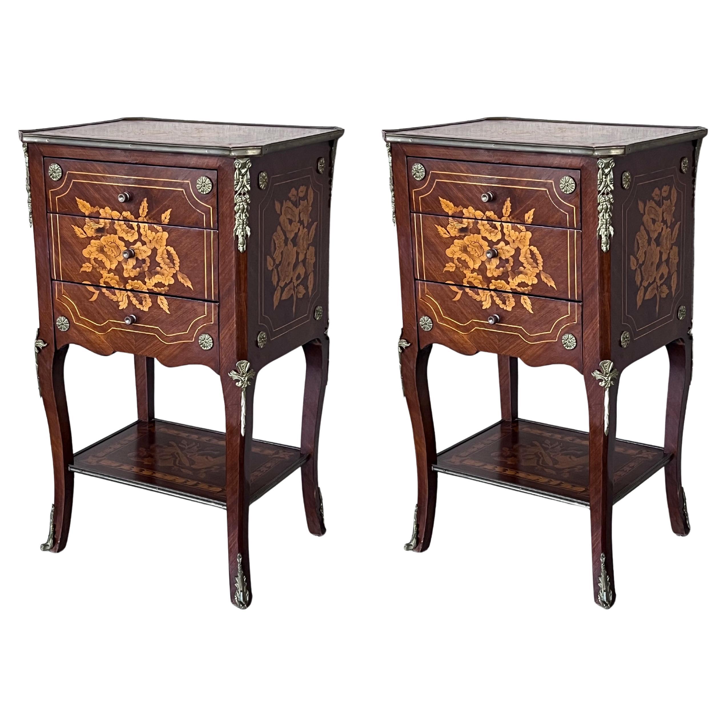 19th Century Pair of Italian Louis XV Marquetry Nightstnds with Drawers & Shelve For Sale