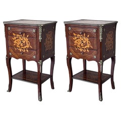 19th Century Pair of Italian Louis XV Marquetry Nightstnds with Drawers & Shelve