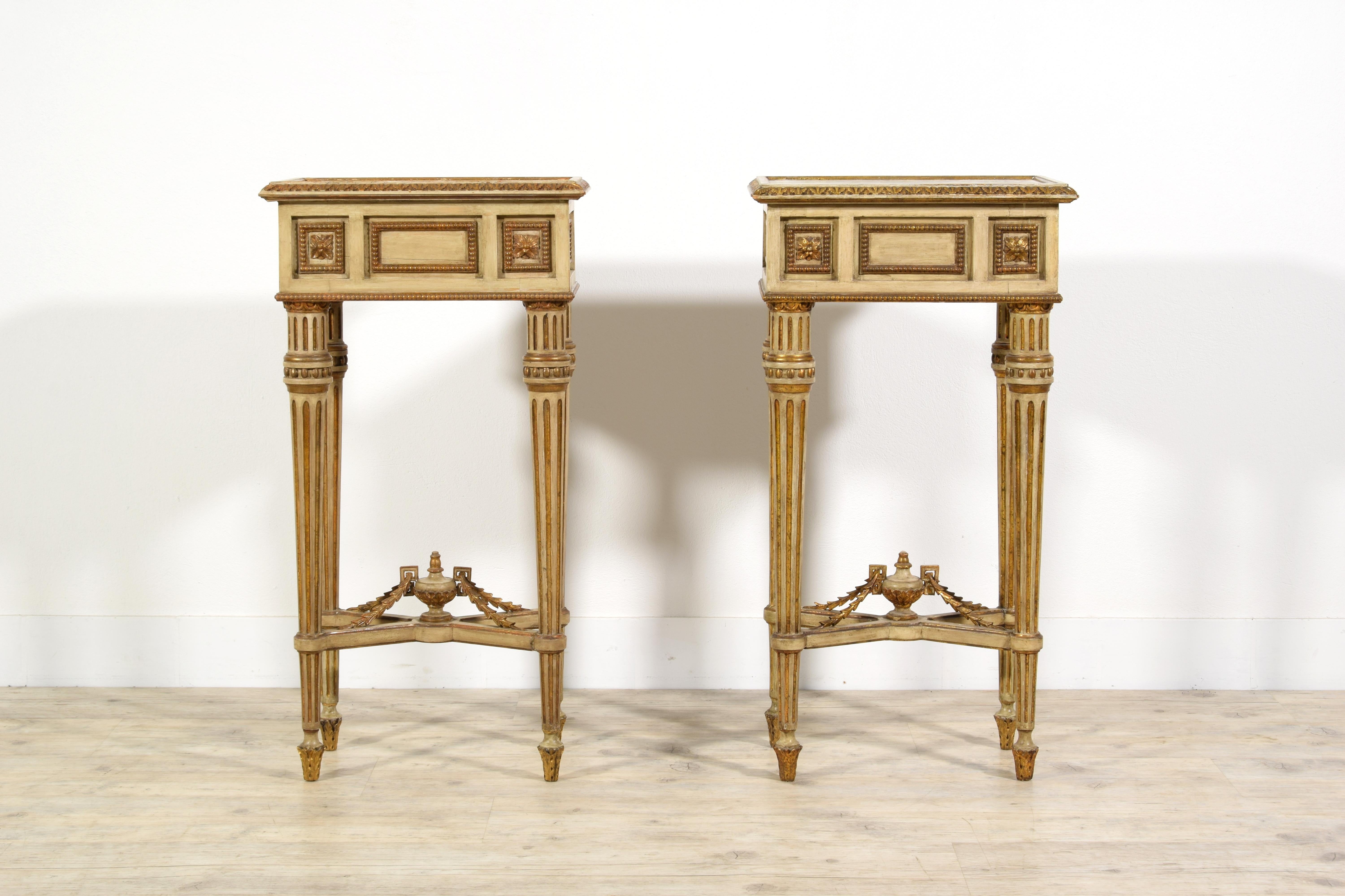 Hand-Carved 19th Century, Pair of Italian Louis XVI Style Lacquered Wood Central Tables 