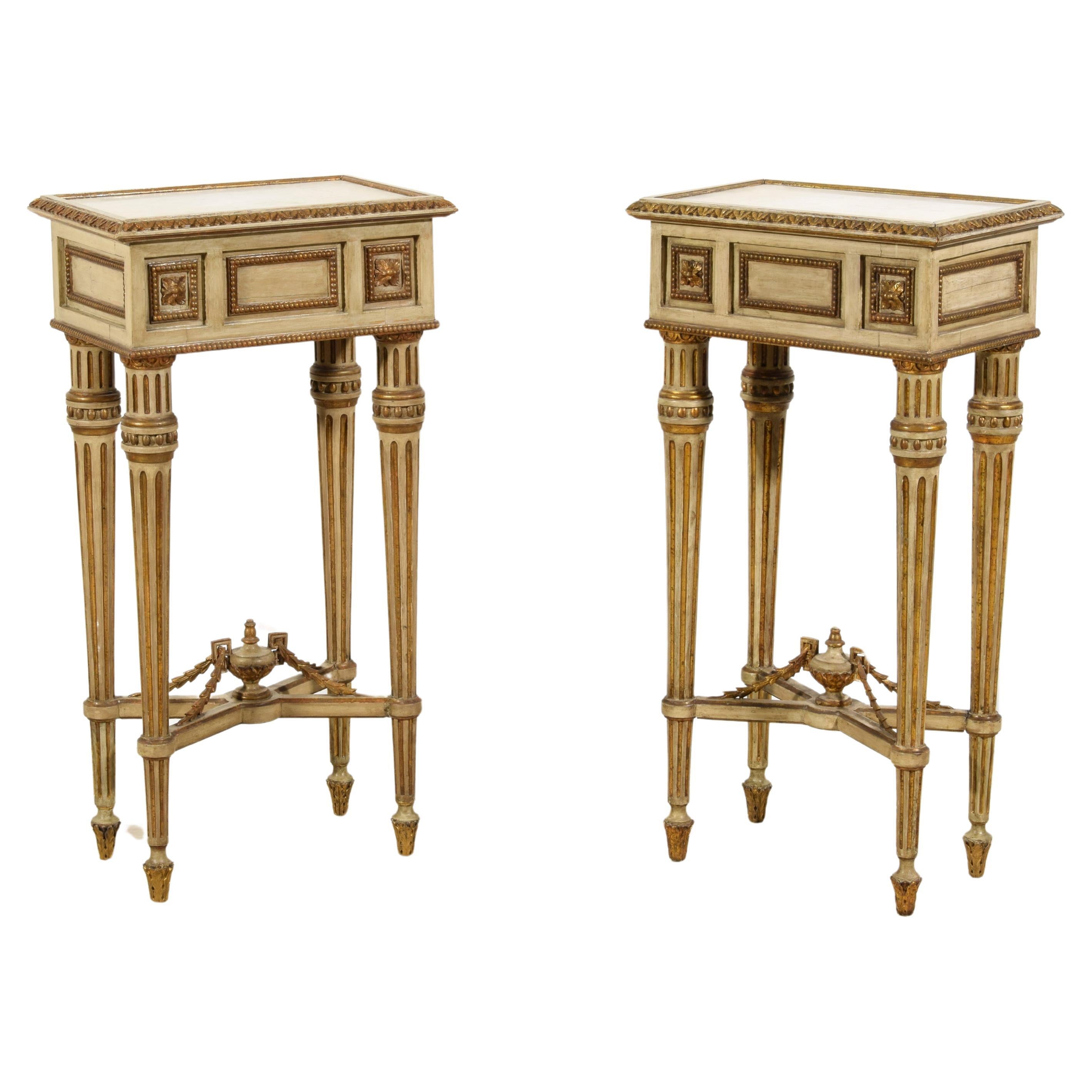 19th Century, Pair of Italian Louis XVI Style Lacquered Wood Central Tables 