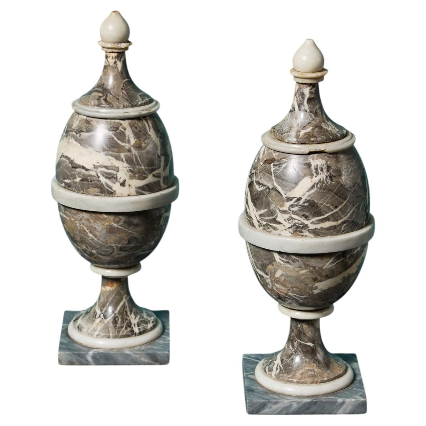 19th Century Pair of Italian Marble Lidded Urns