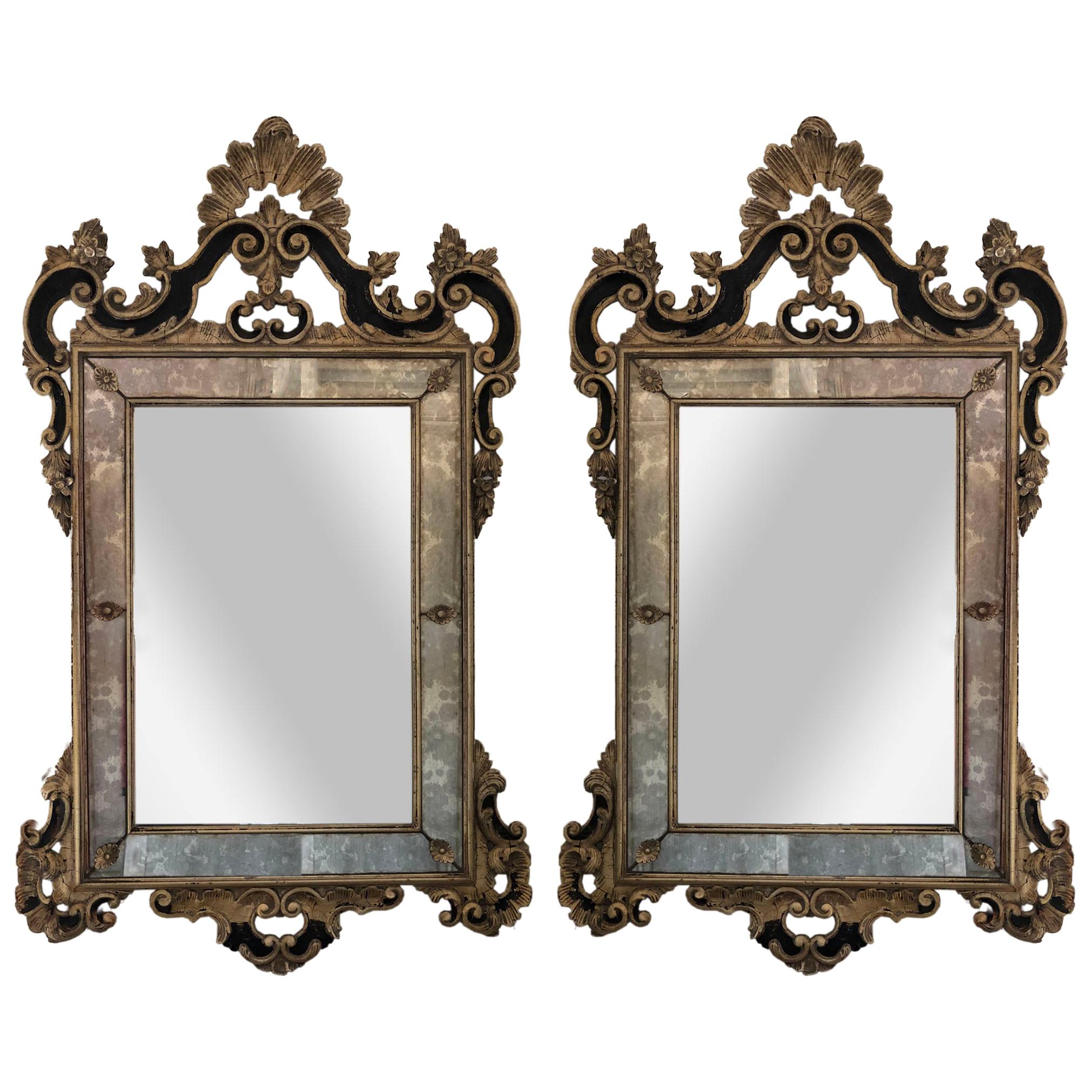 19th Century Pair of Italian Mirrors Black and Gold