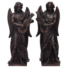 19th Century Pair of Italian Renaissance Revival Oak Angel Statues