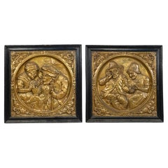 Used 19th Century Pair of Italian Renaissance Style Brass Embossed Wall Plaques
