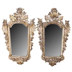 Paire de miroirs italiens Rococo Champaigne en bois doré argenté du 19ème siècle