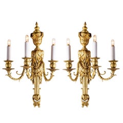 19th Century Pair of Italian Sconces Louis XVI Style Gilt Bronze, 1880 circa