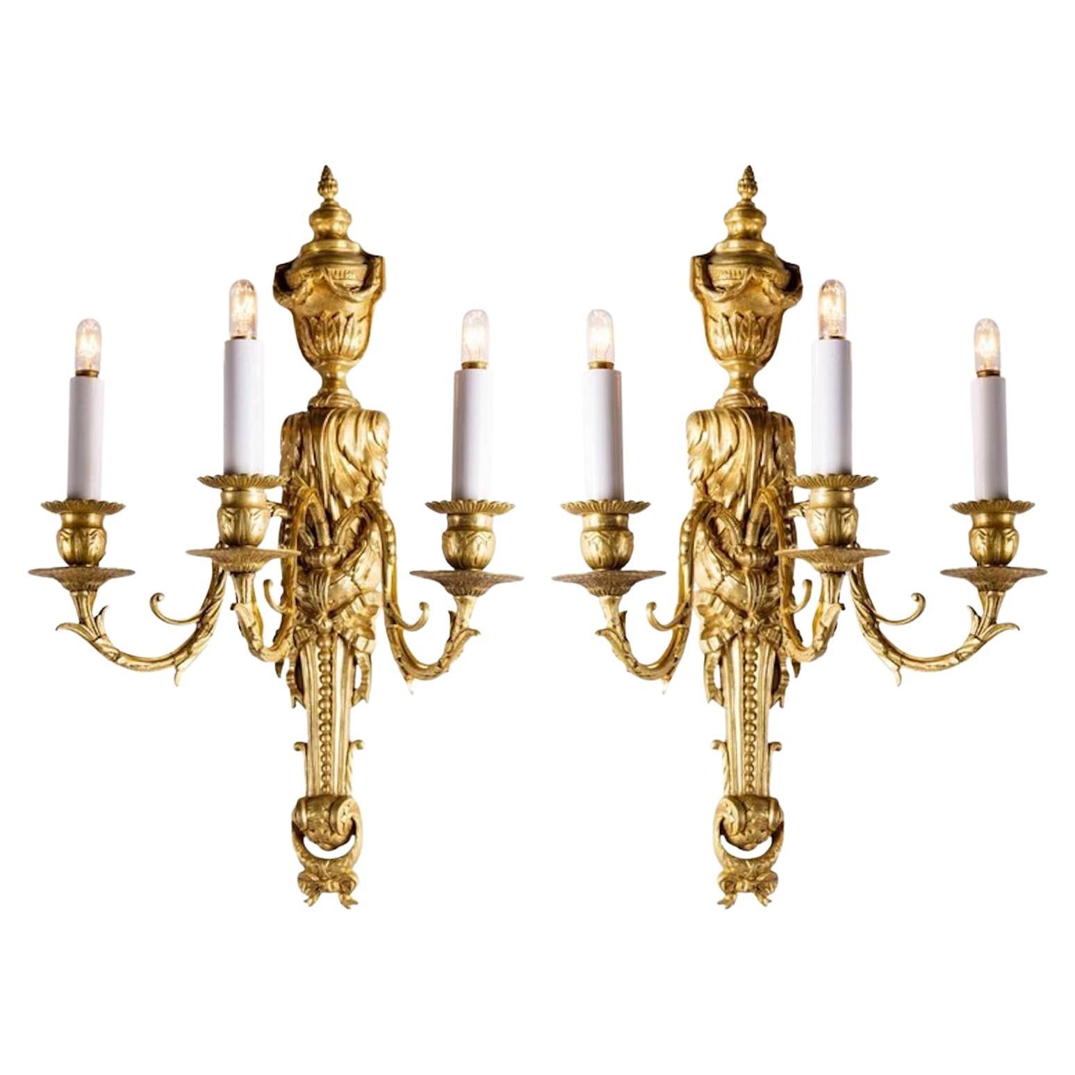 19th Century Pair of Italian Sconces Louis XVI Style Gilt Bronze, 1880 circa