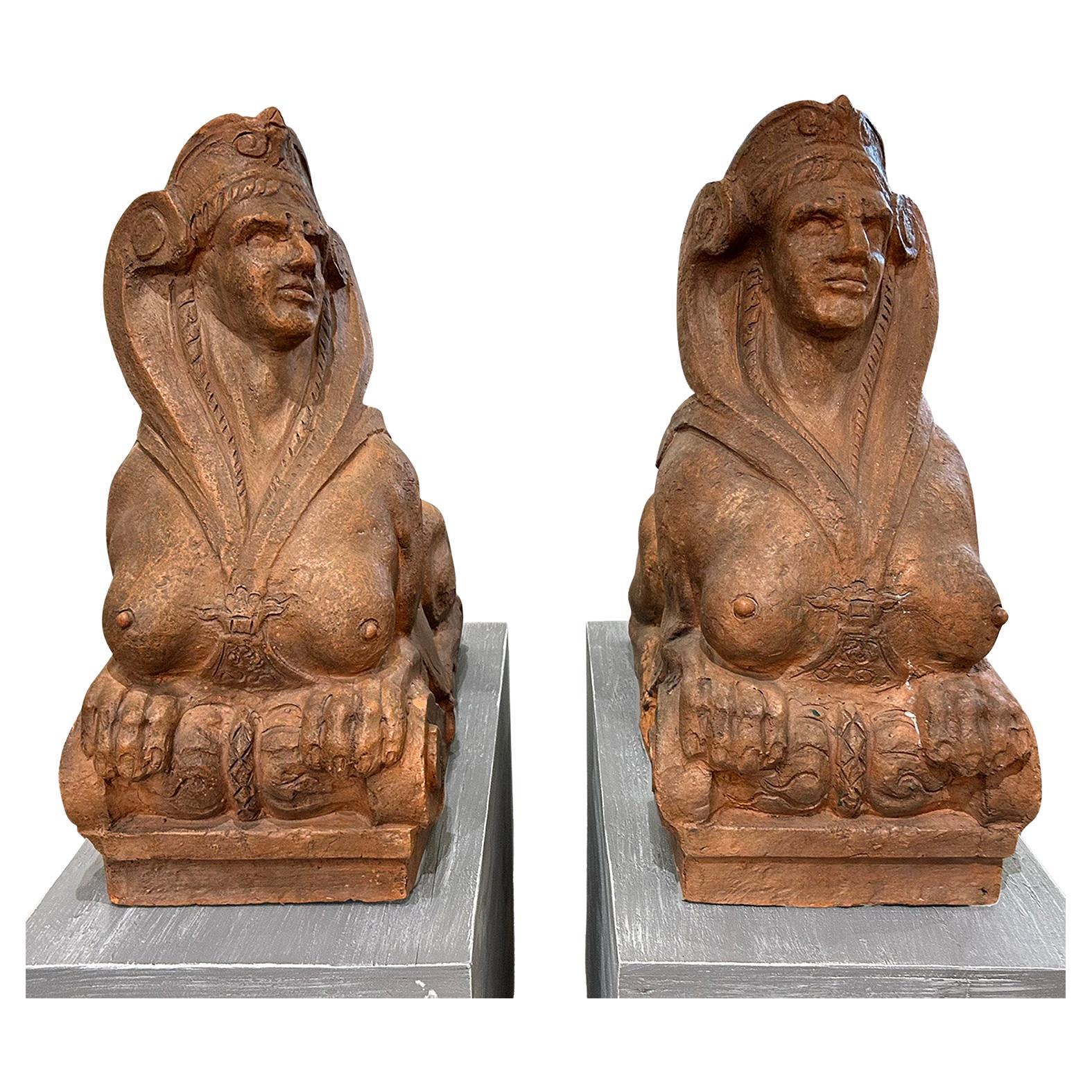 19th Century Pair of Italian Terra Cotta Sphinxes - Antique Tuscan Sculptures