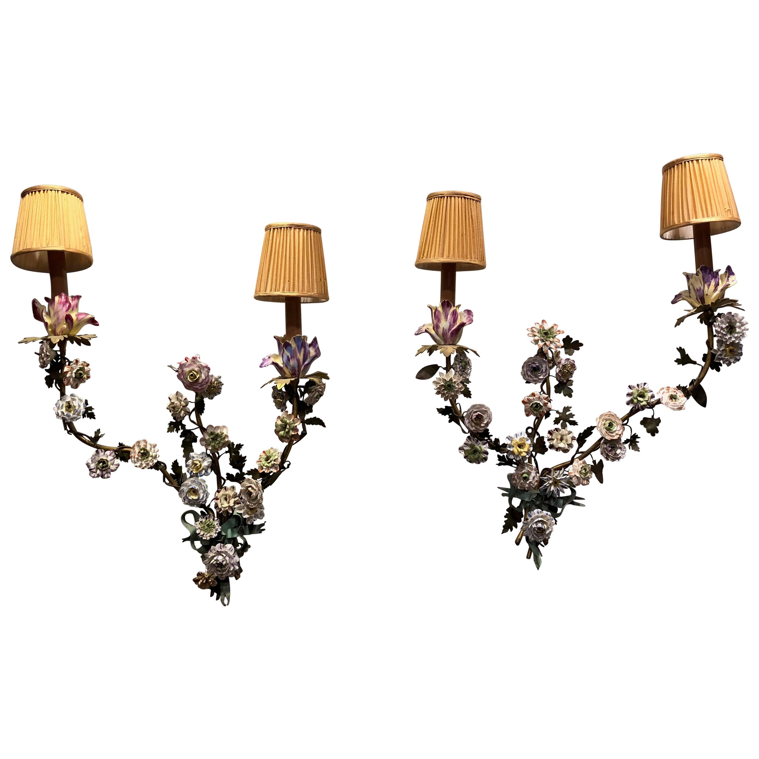 19th Century Pair of Italian Tole' Rococo Porcelain Flowered Sconces