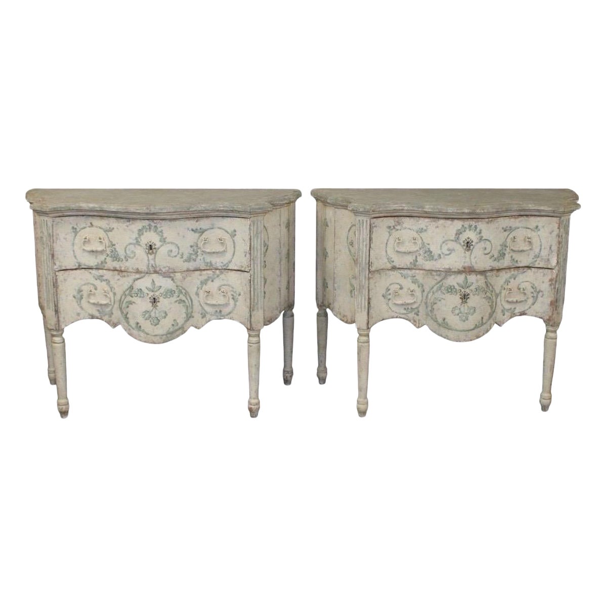 19th Century Pair of Italian Venetian Painted Serpentine 2 Drawer Commodes