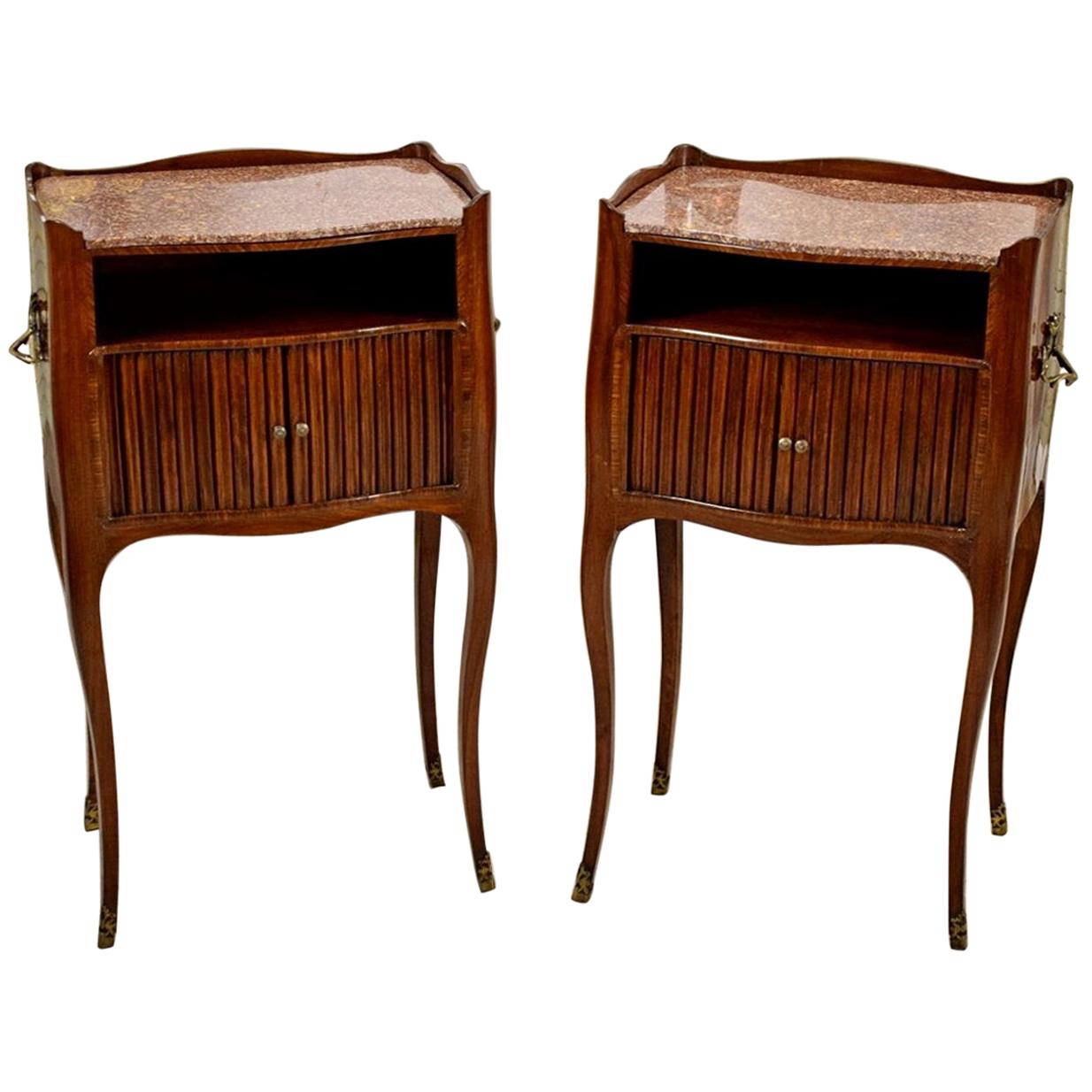 19th Century, Pair of Italian Walnut Wood Bedside Tables