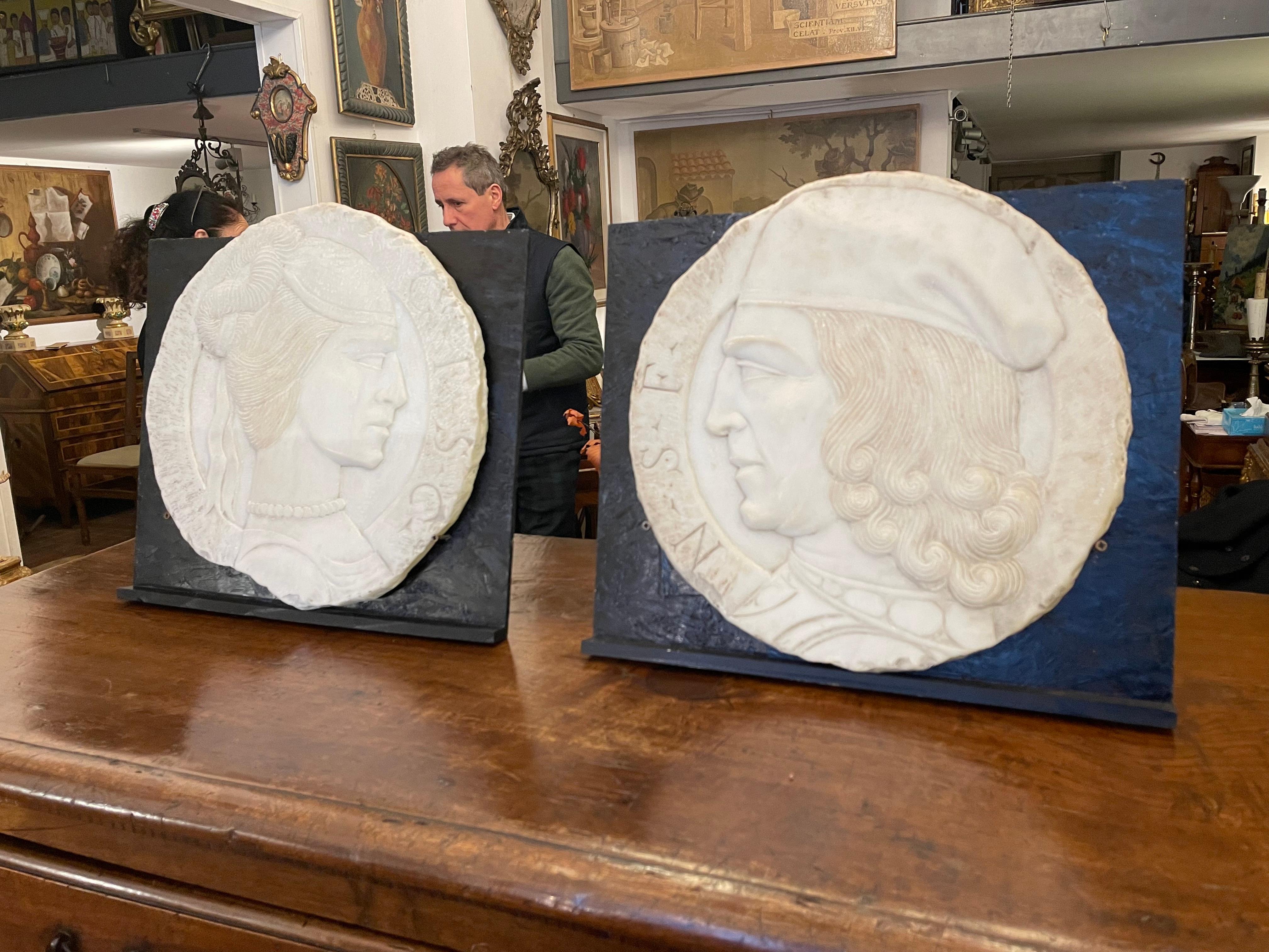 19th Century Pair of Italian White Marble Portrait Reliefs of Renaissance Couple 7