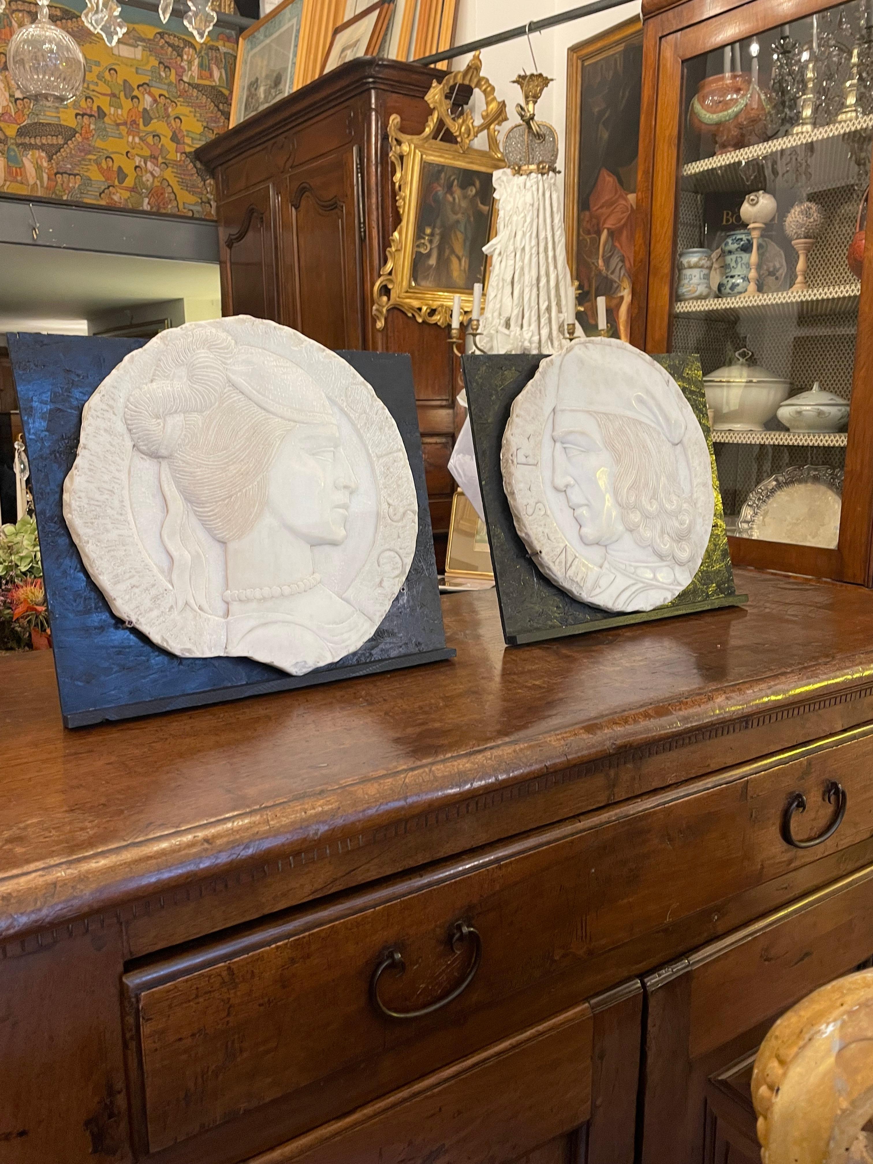 19th Century Pair of Italian White Marble Portrait Reliefs of Renaissance Couple 9