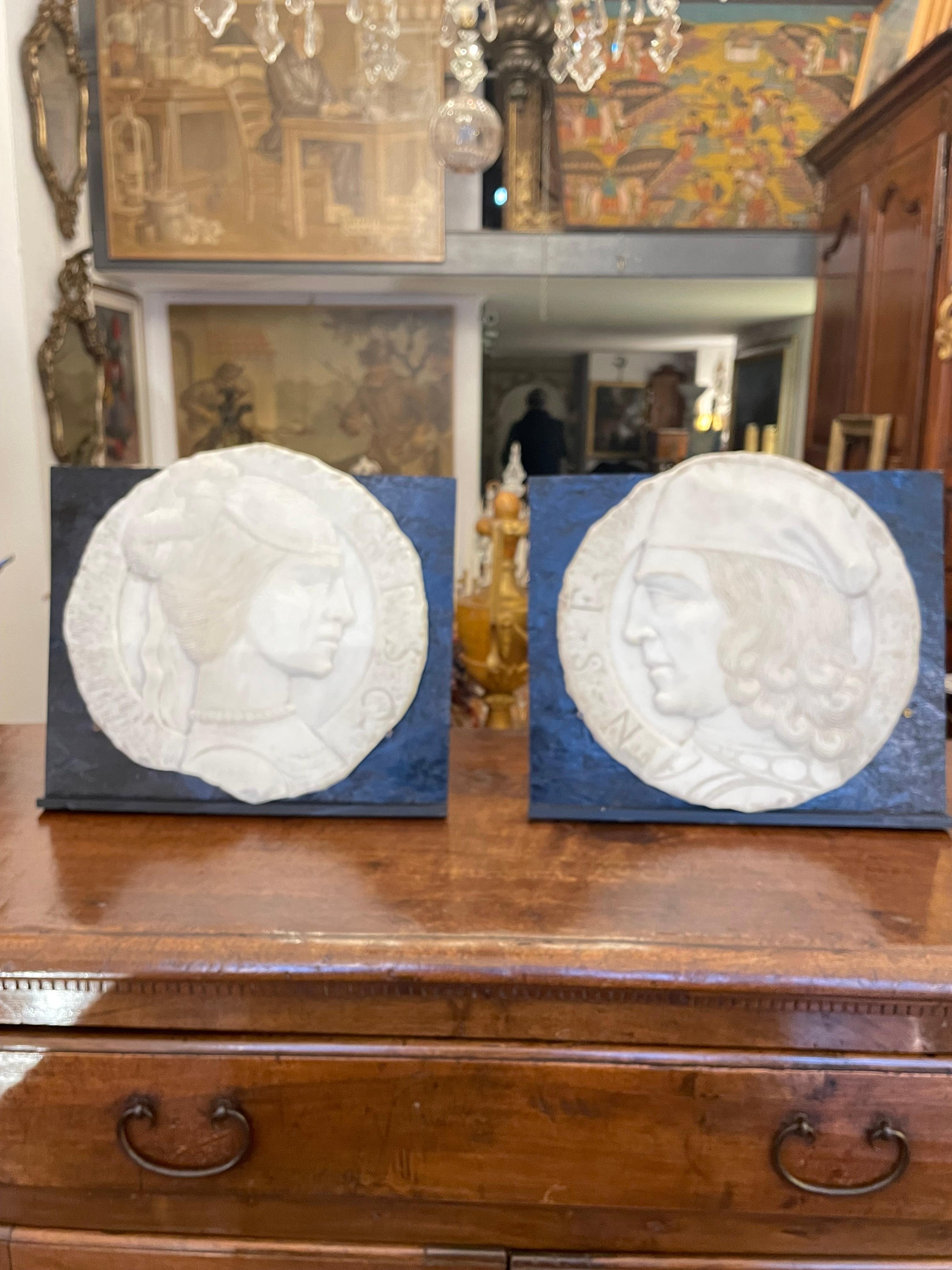19th Century Pair of Italian White Marble Portrait Reliefs of Renaissance Couple 11