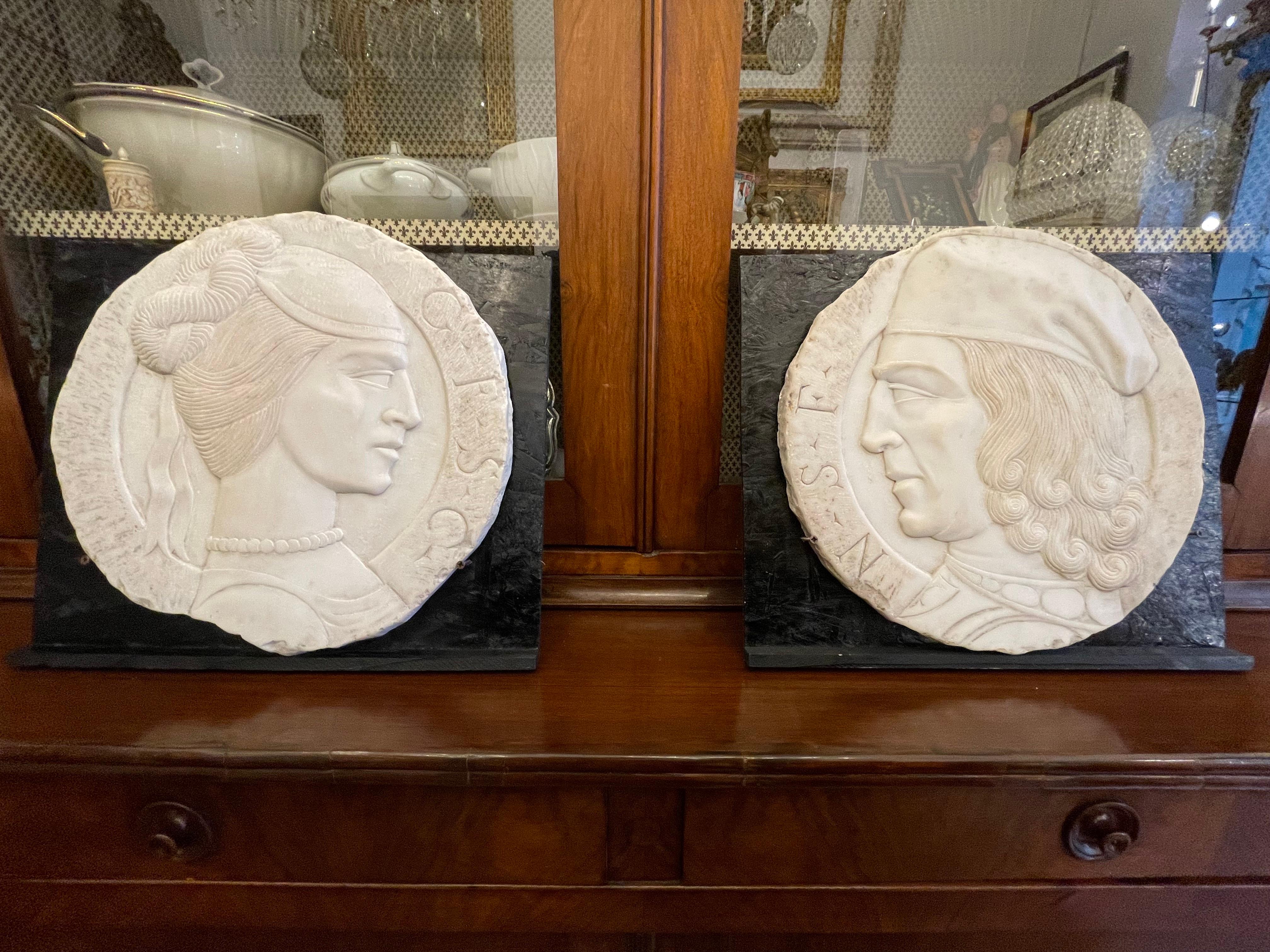 19th Century Pair of Italian White Marble Portrait Reliefs of Renaissance Couple 12