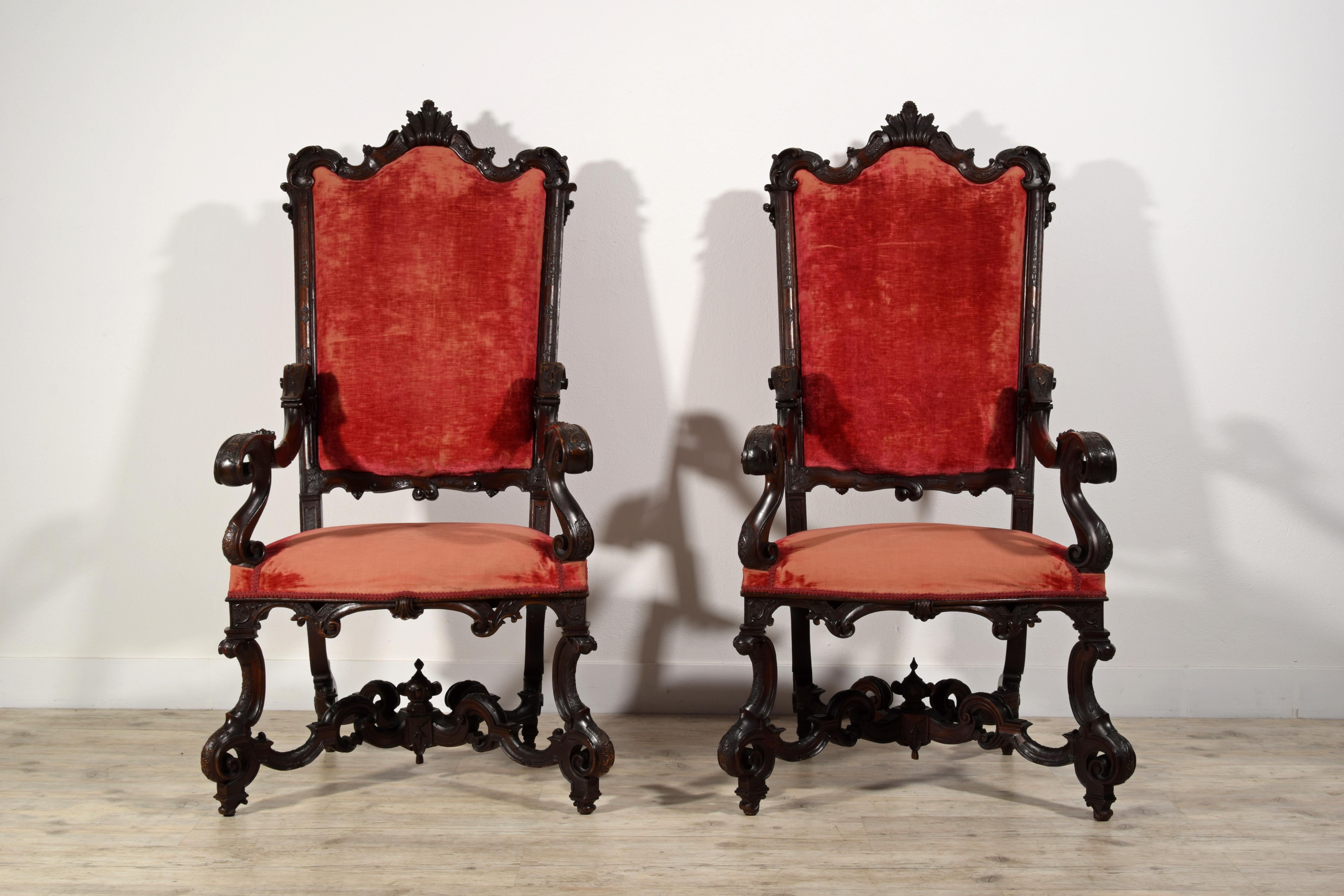 Hand-Carved 19th Century Pair of Italian Wood Armchairs