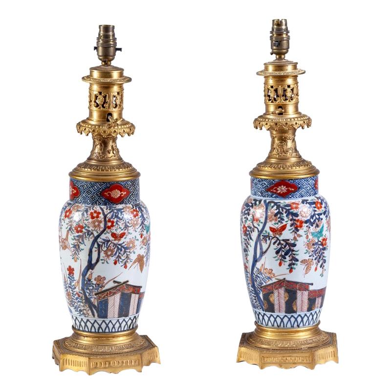 19th Century Pair of Japanese Imari Ware Porcelain Vases with Bronze Fittings