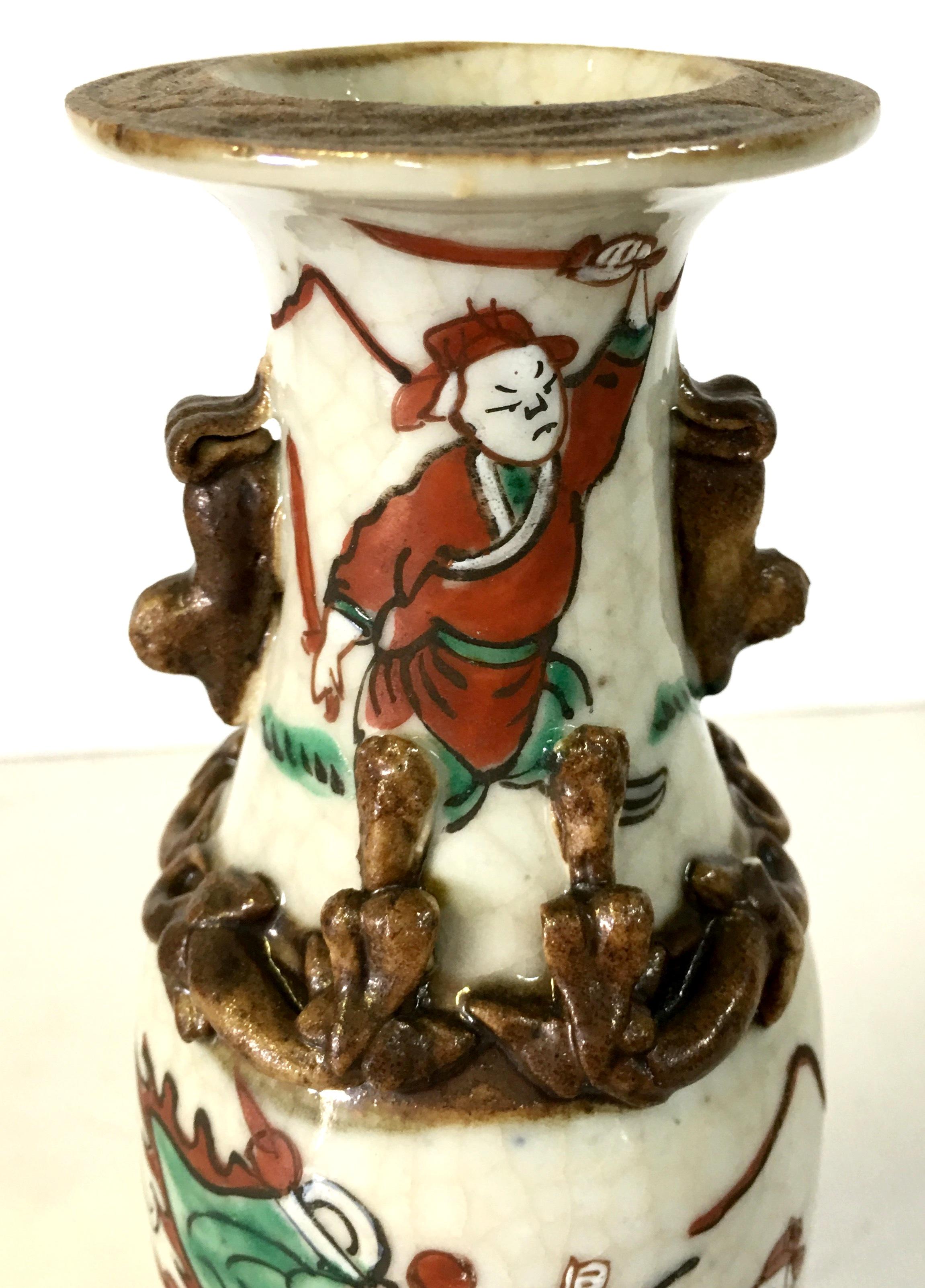 19th Century Pair of Japanese Warrior Crackle Ware Hand Painted Vases, Signed For Sale 6