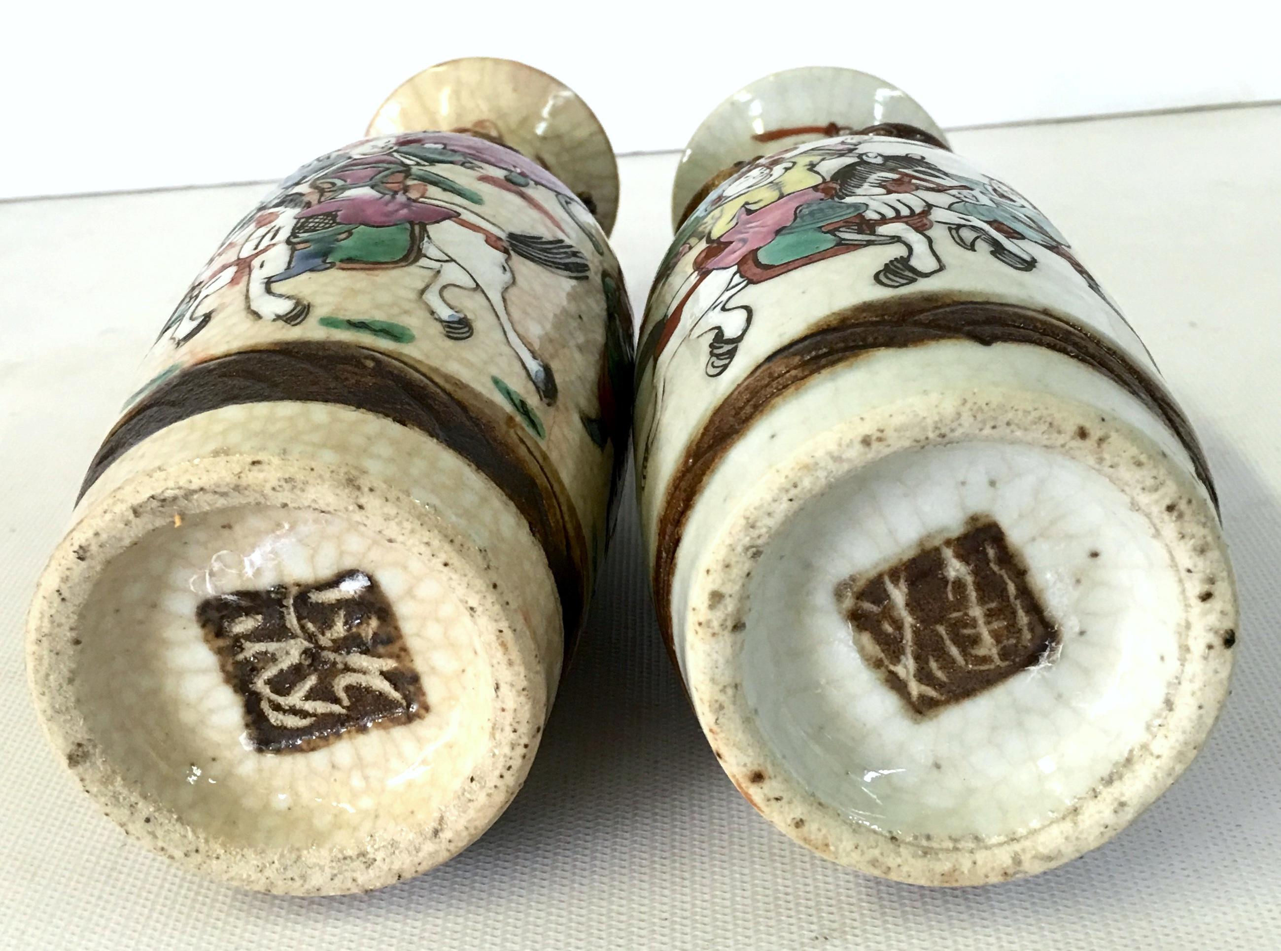 19th Century Pair of Japanese Warrior Crackle Ware Hand Painted Vases, Signed For Sale 9