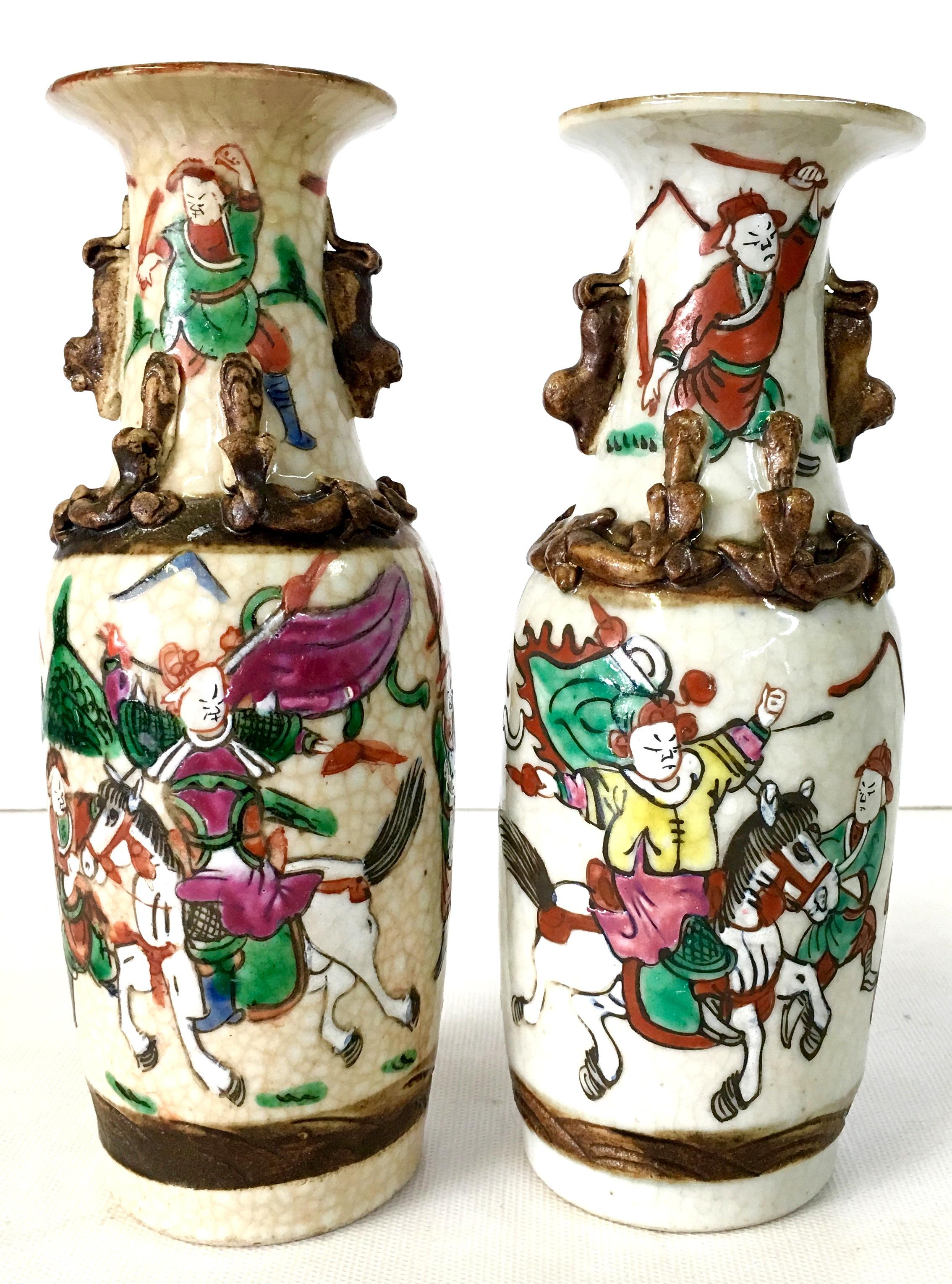 19th Century Pair of Japanese Warrior Crackle Ware Hand Painted Vases, Signed In Good Condition For Sale In West Palm Beach, FL