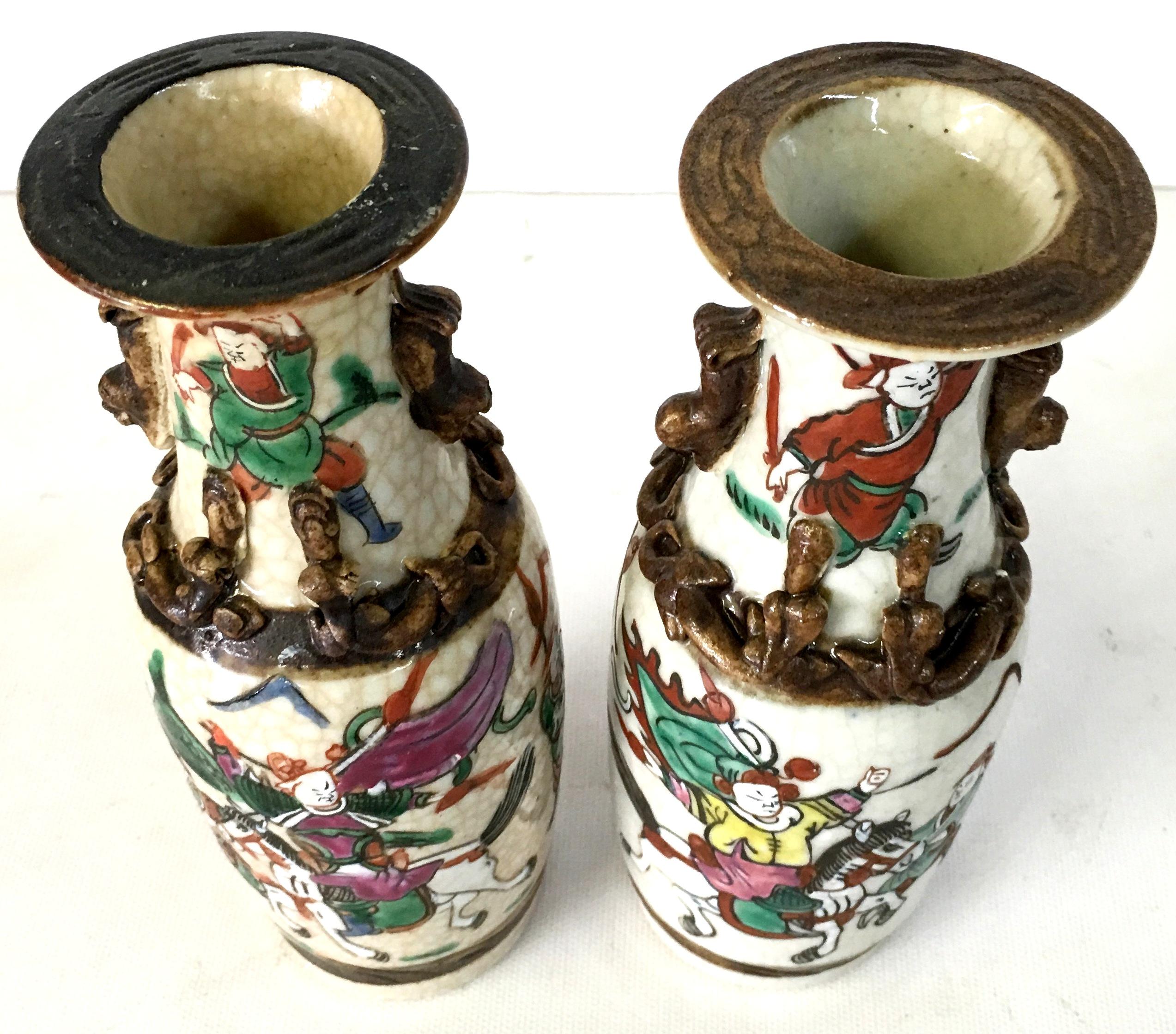 Ceramic 19th Century Pair of Japanese Warrior Crackle Ware Hand Painted Vases, Signed For Sale