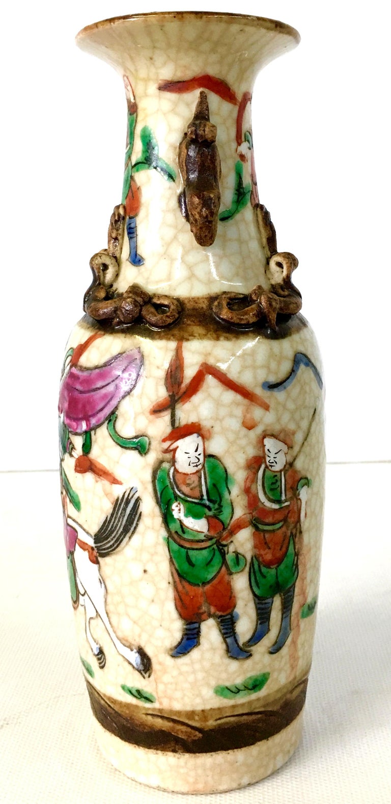 19th Century Pair of Japanese Warrior Crackle Ware Hand Painted Vases