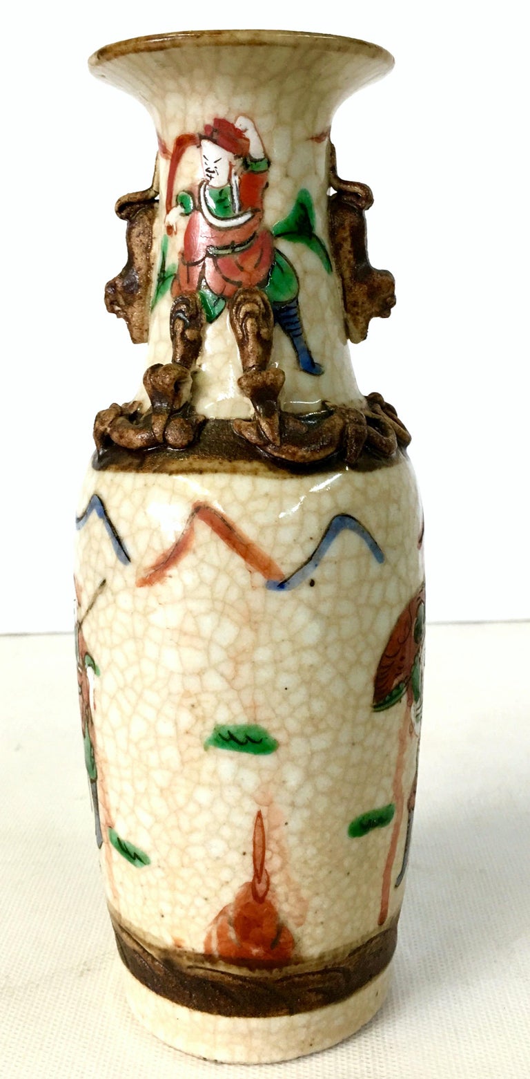 19th Century Pair of Japanese Warrior Crackle Ware Hand Painted Vases