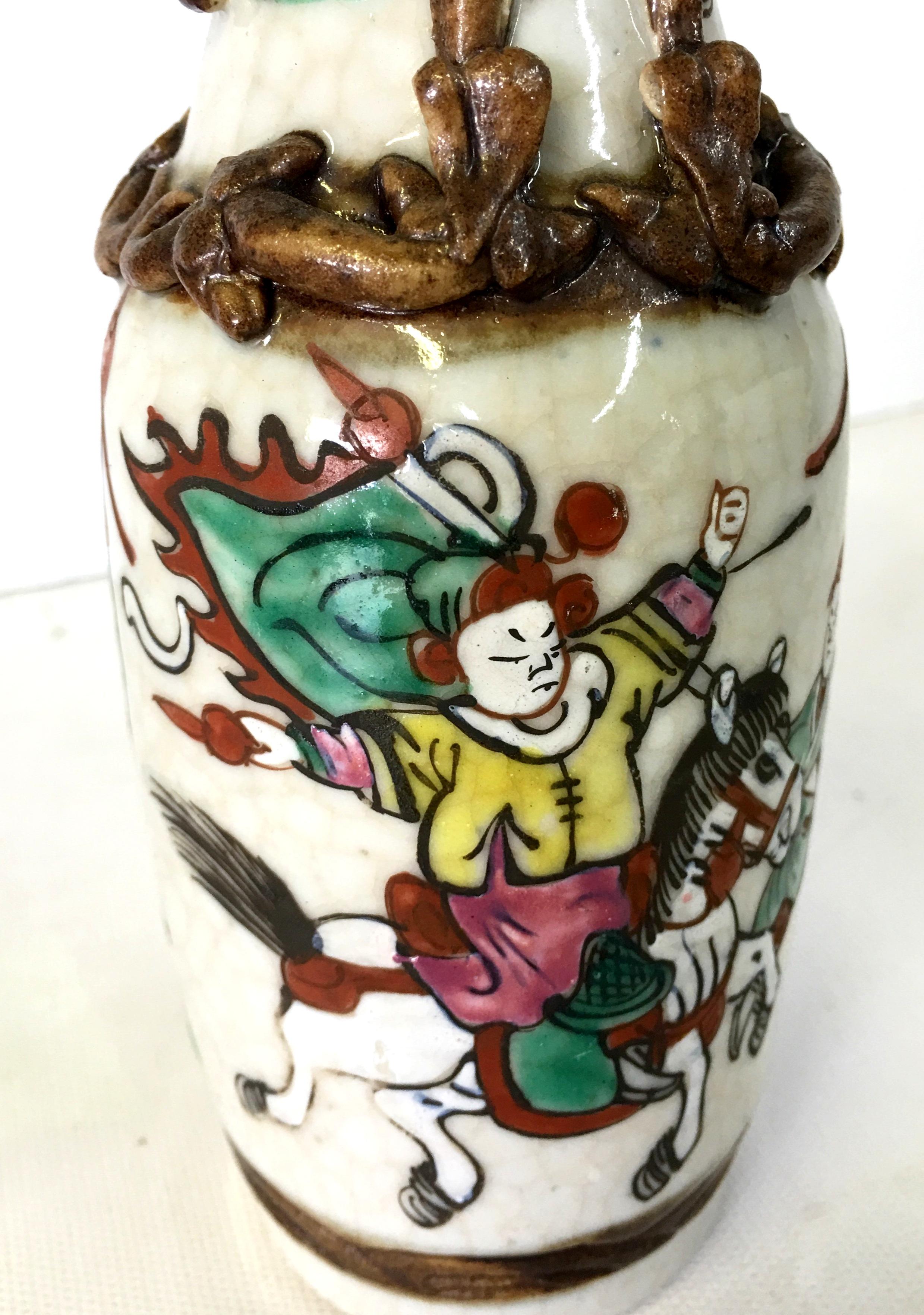 19th Century Pair of Japanese Warrior Crackle Ware Hand Painted Vases, Signed For Sale 3