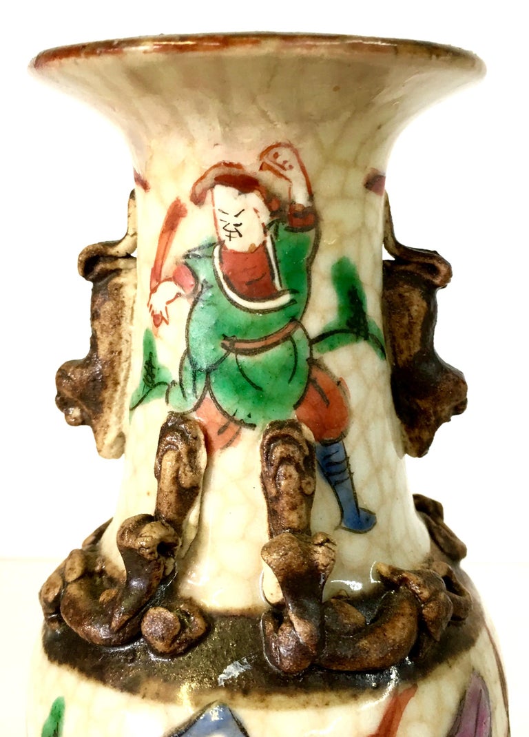 19th Century Pair of Japanese Warrior Crackle Ware Hand Painted Vases