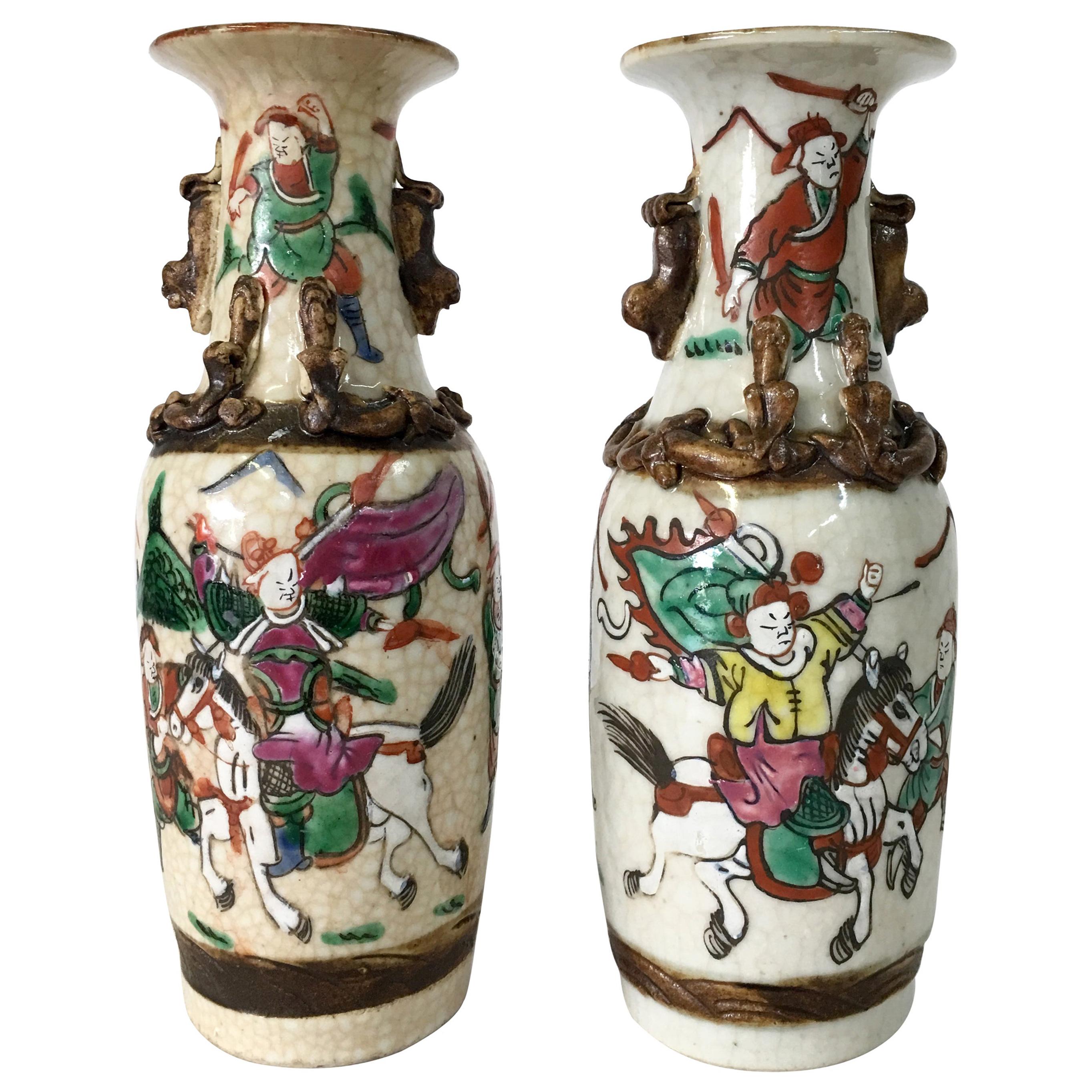 19th Century Pair of Japanese Warrior Crackle Ware Hand Painted Vases, Signed For Sale