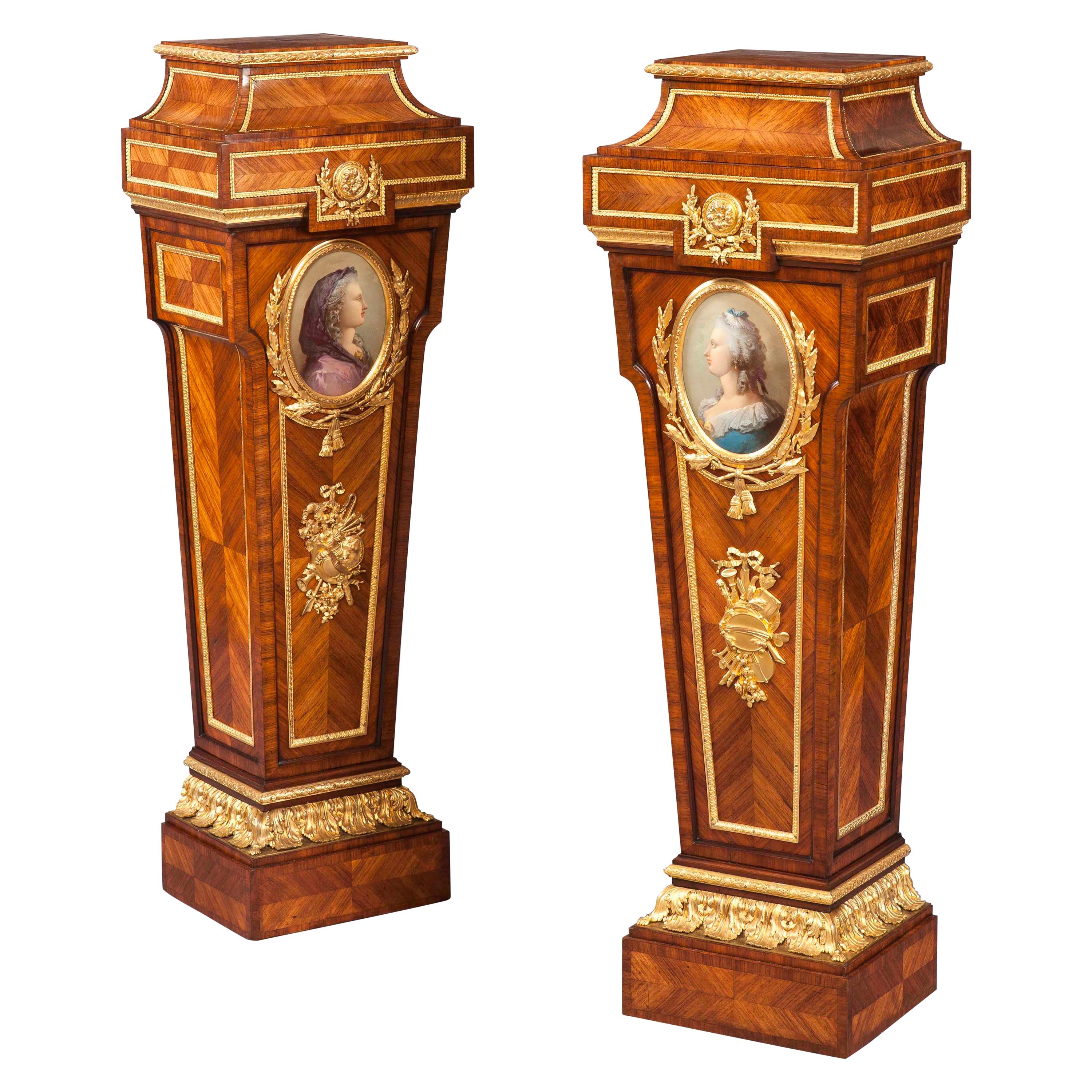 19th Century Pair of Kingwood Porcelain-Mounted Pedestals in the Louis XVI Style