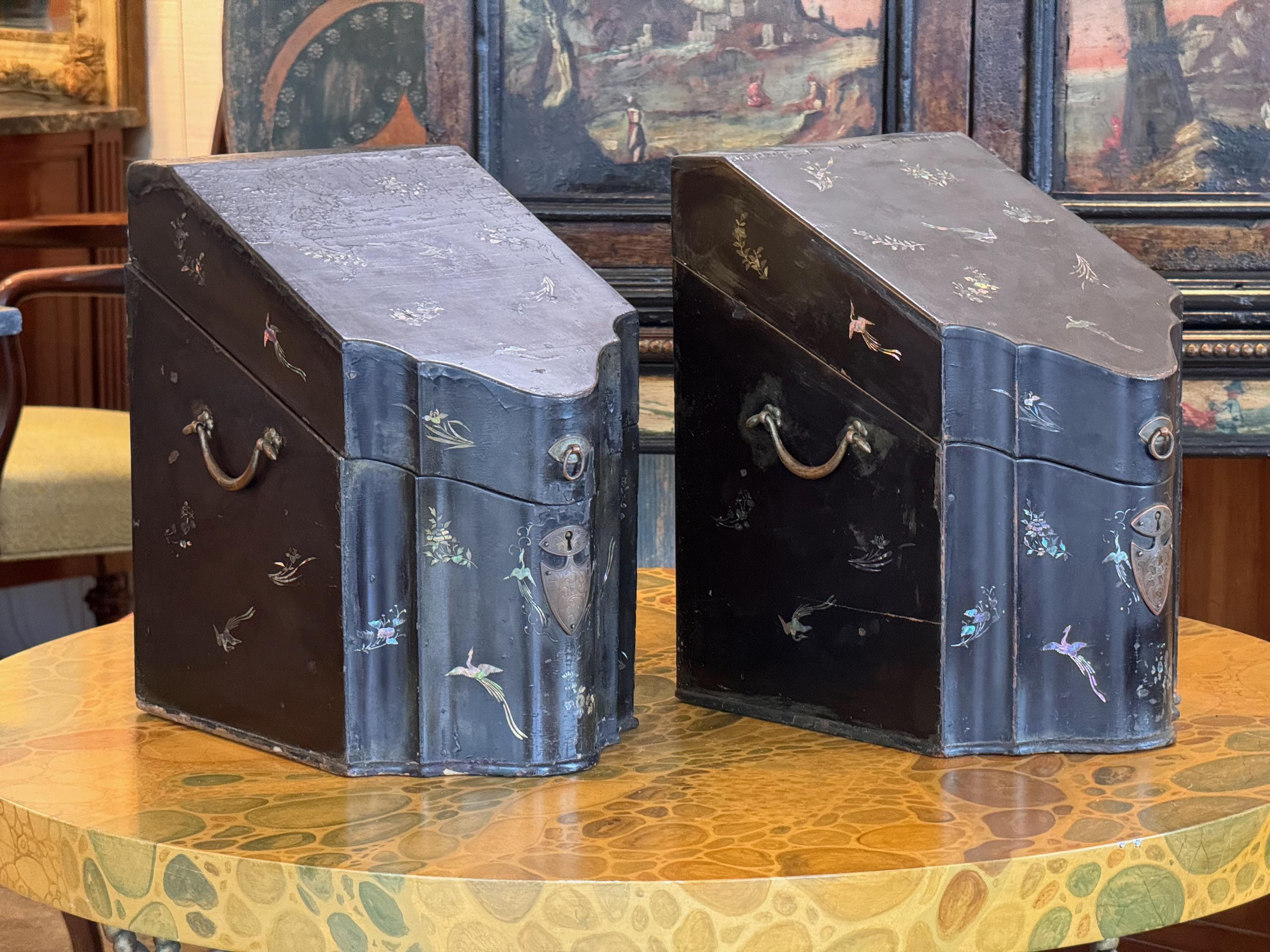 A most unusual pair of knife boxes. Beautiful decoration.