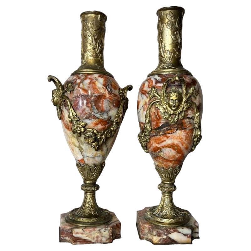 19th Century Pair of Large Cassolettes with Mascarons in Violet Breccia Marble For Sale