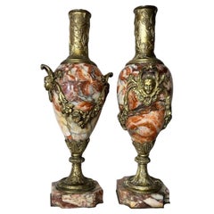 19th Century Pair of Large Cassolettes with Mascarons in Violet Breccia Marble