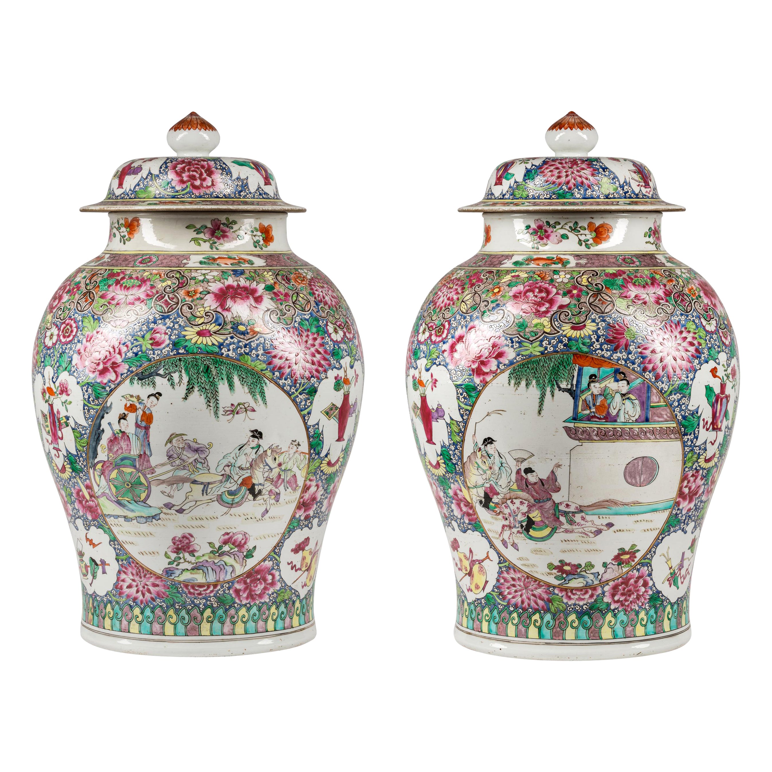 Paire de grandes jarres/urnes en porcelaine à motif chinois du 19ème siècle par Samson, Paris en vente