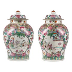 19th Century Pair of Large Chinese Motif Porcelain Jars / Urns by Samson, Paris