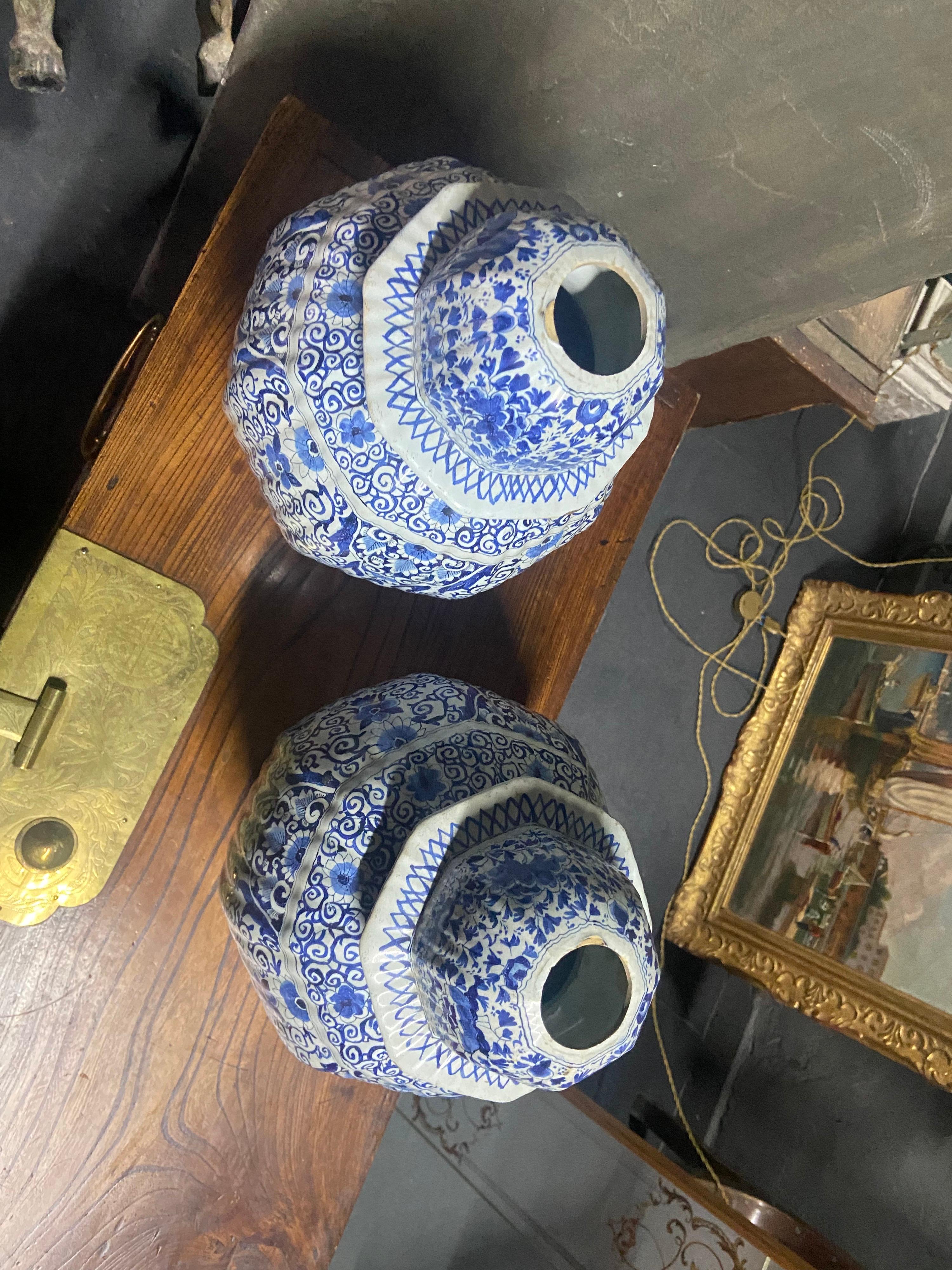 Hand-Crafted 19th Century Pair of Large Delft Jars in White and Blue Floral Decoration