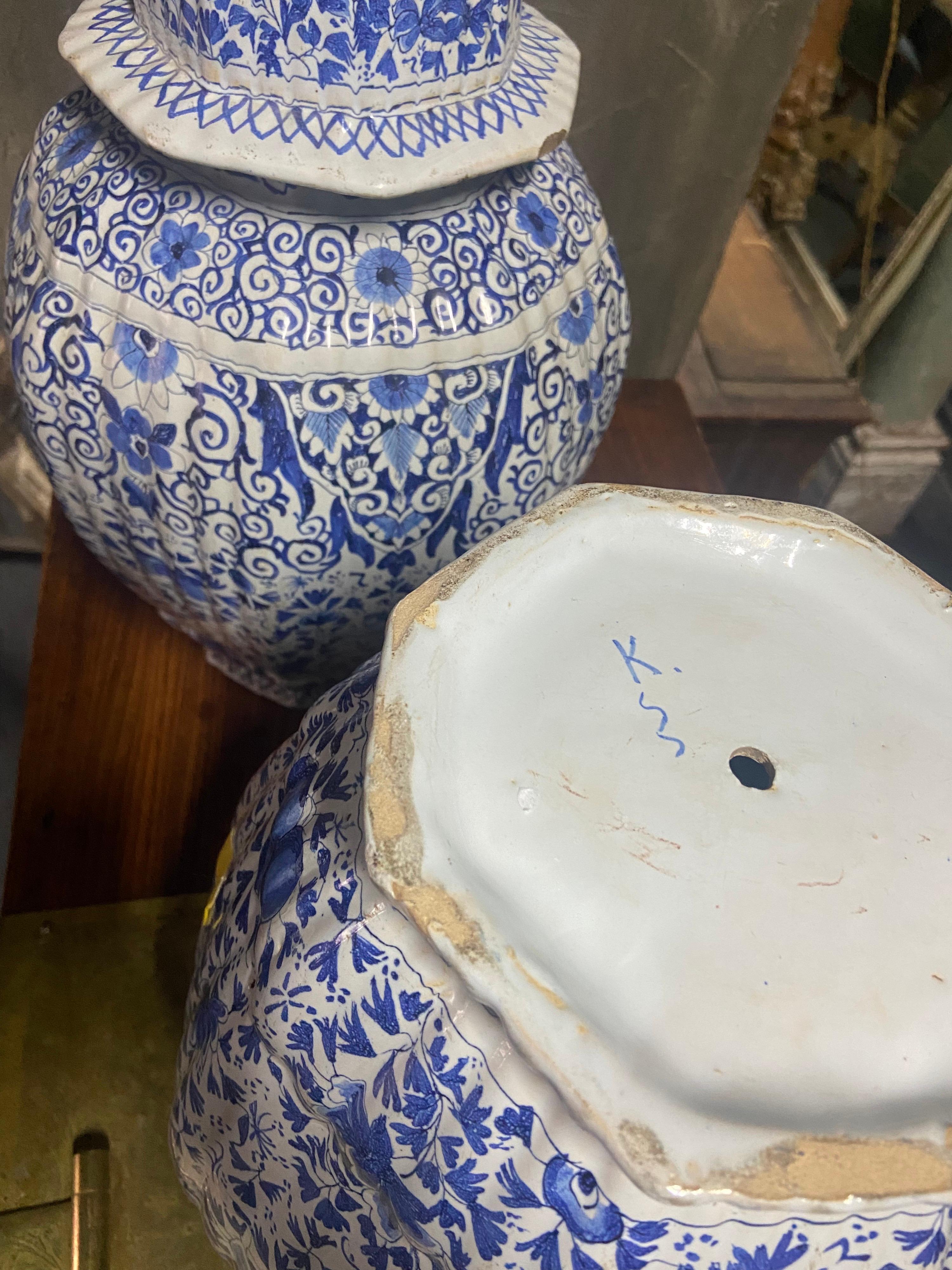 19th Century Pair of Large Delft Jars in White and Blue Floral Decoration 2