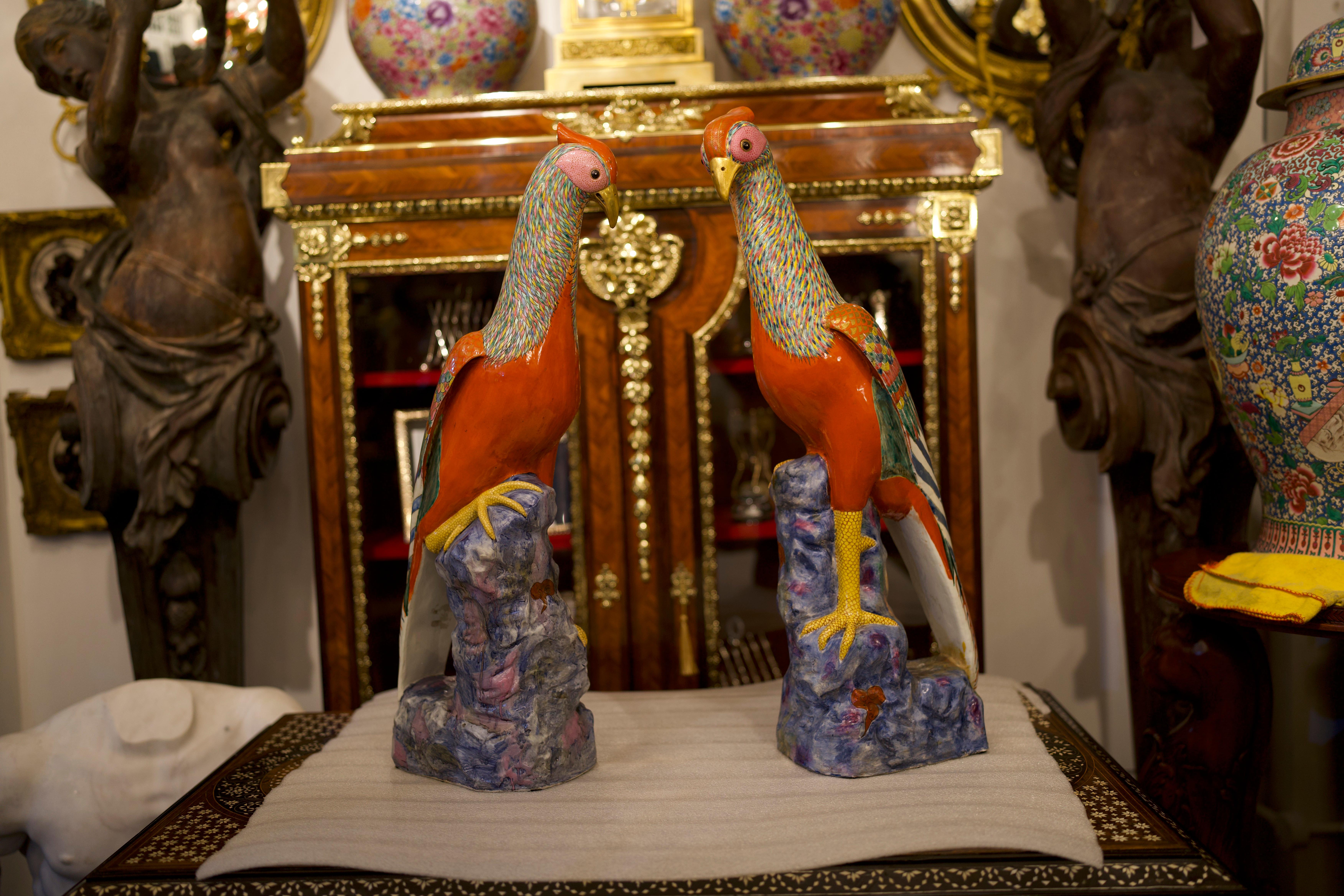 An exceptionally rare and beautiful 19th Century Pair of Large Famille Rose Pheasants by Samson.
A large pair of male and female Famille Rose pheasants by Samson. The size alone makes them very rare and highly collectable. They are in extremely
